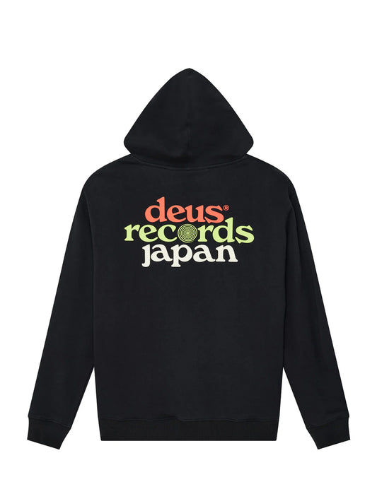 Black hoodie with 'deus records japan' text on the back against a white background