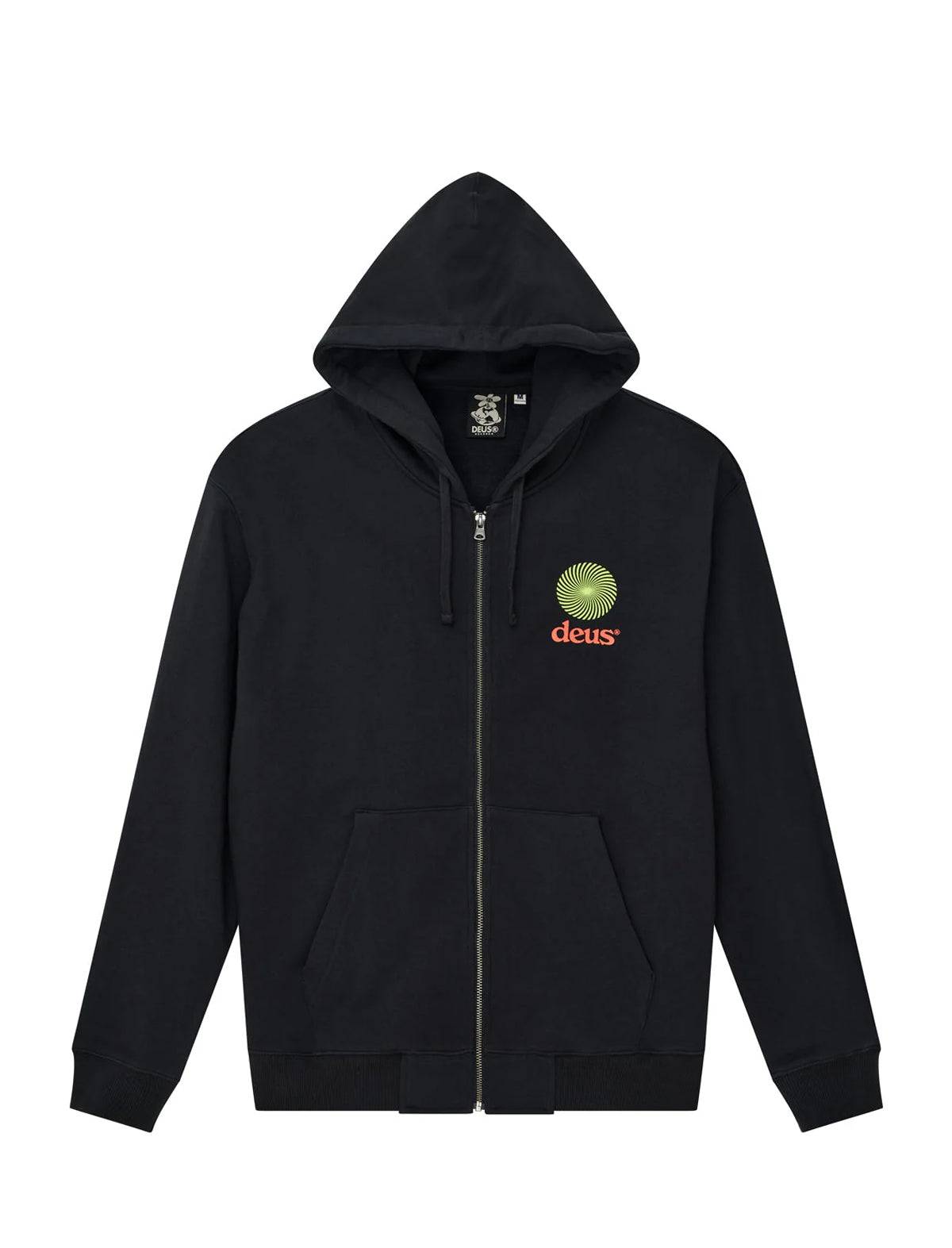 Black hoodie with a logo on the chest against a white background