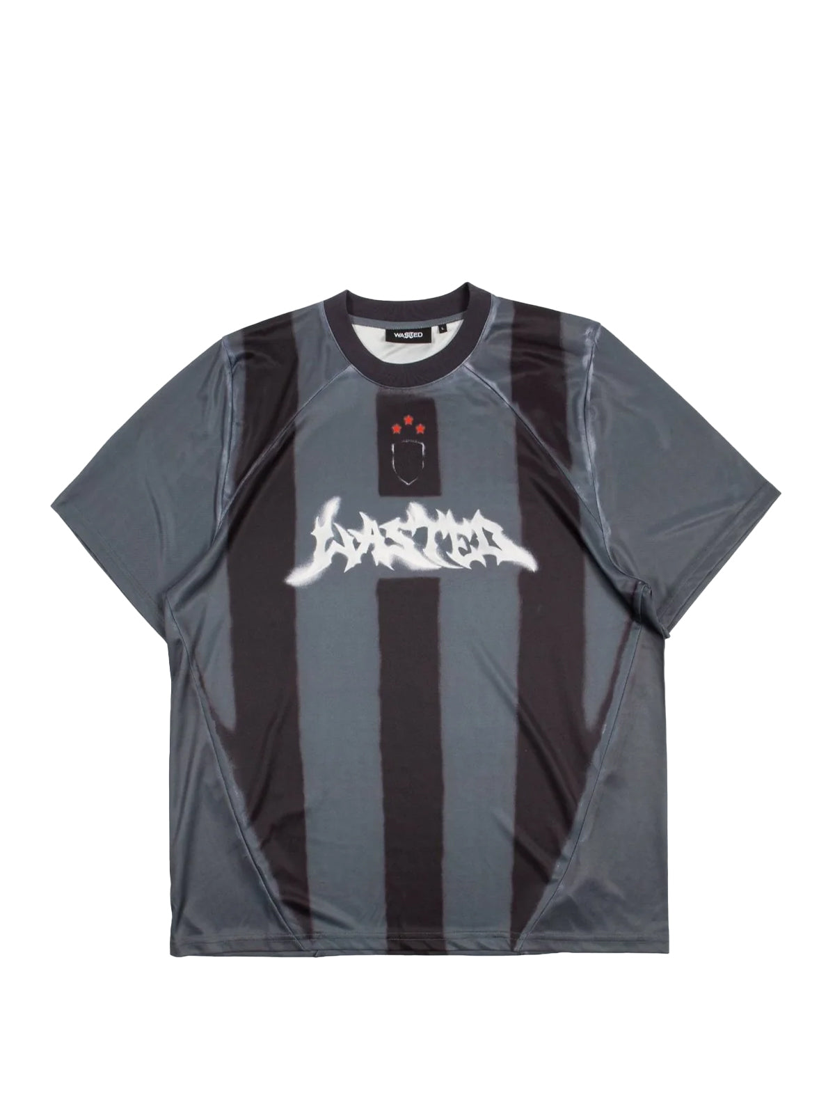 Gray sports jersey with black stripes and a logo on a white background