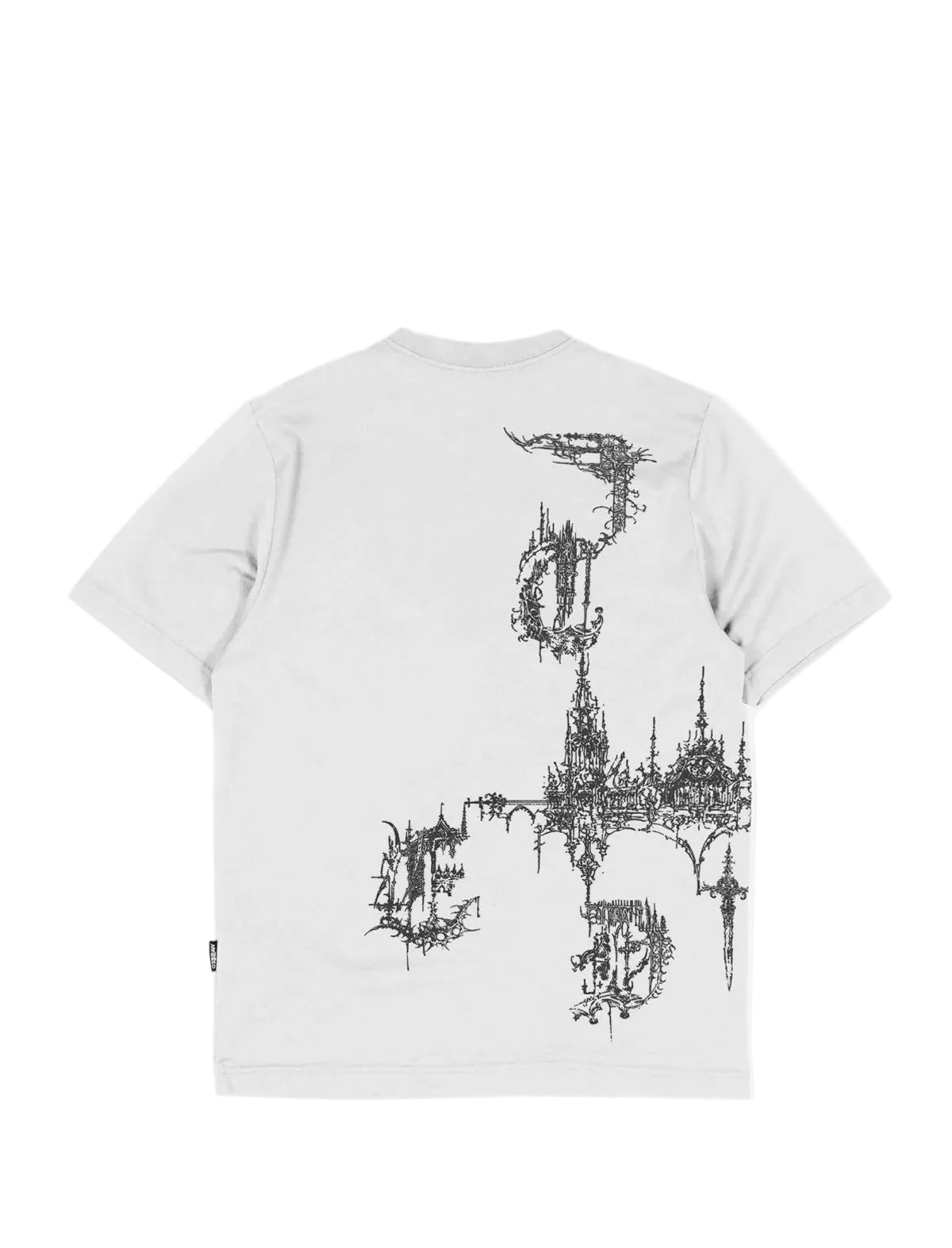 White t-shirt with black graphic design on a white background