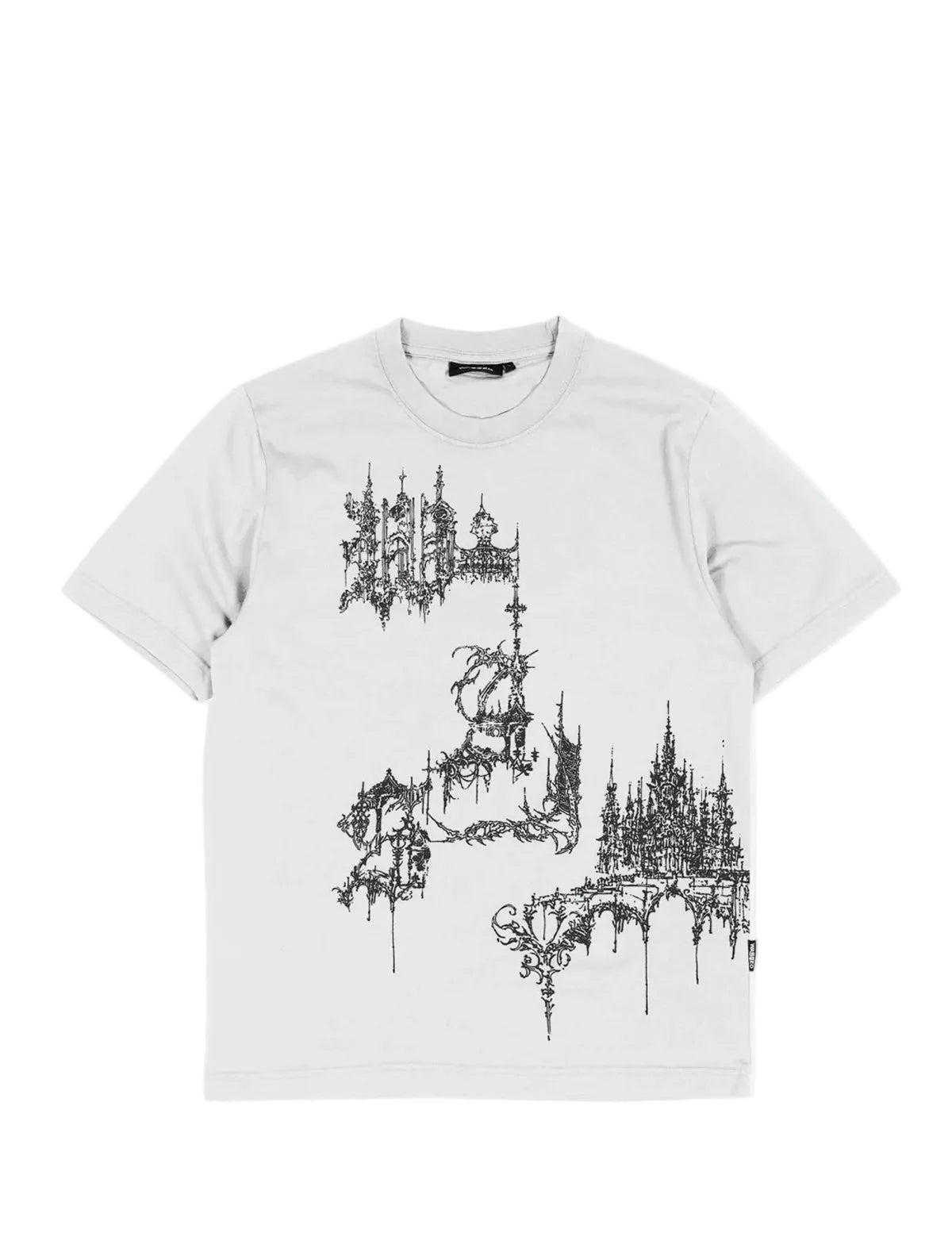 White t-shirt with black architectural design on a white background