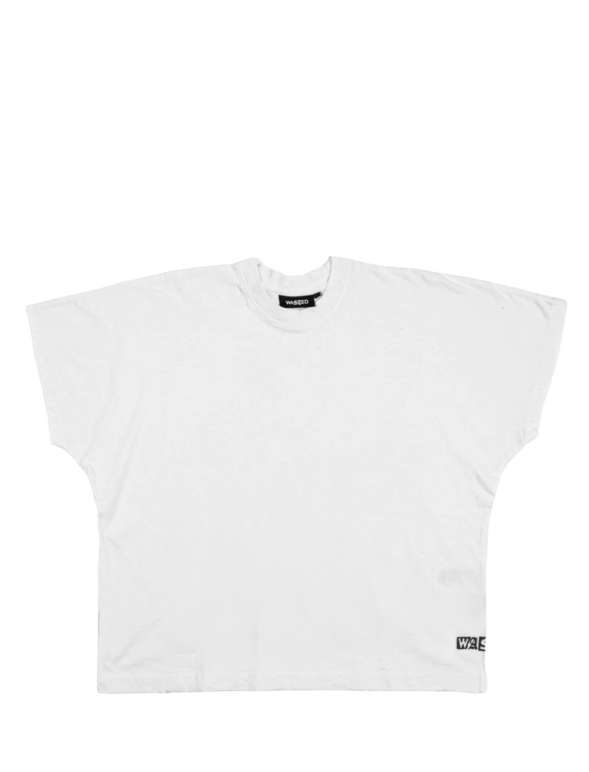White t-shirt with black text on a white background