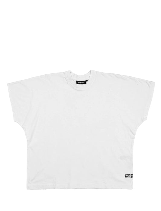 White t-shirt with black text on a white background