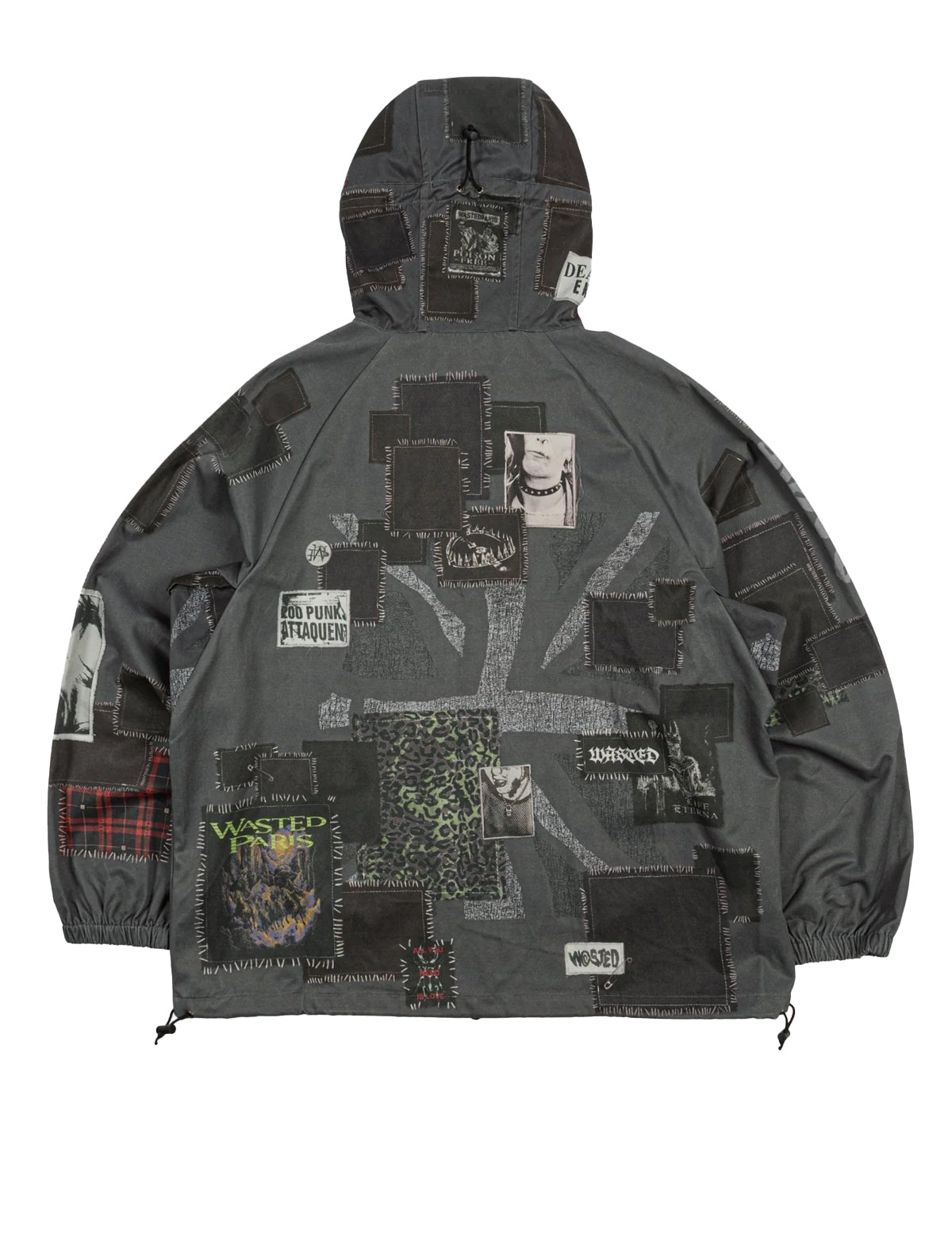 Gray hooded jacket with patchwork design on a white background