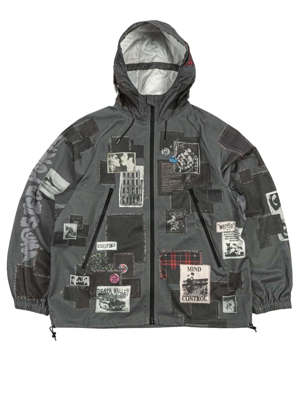 Gray jacket with patches and text on a white background