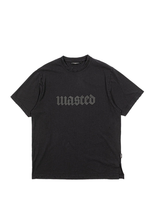Wasted Skive T-Shirt in Washed Black – front, flat lay
