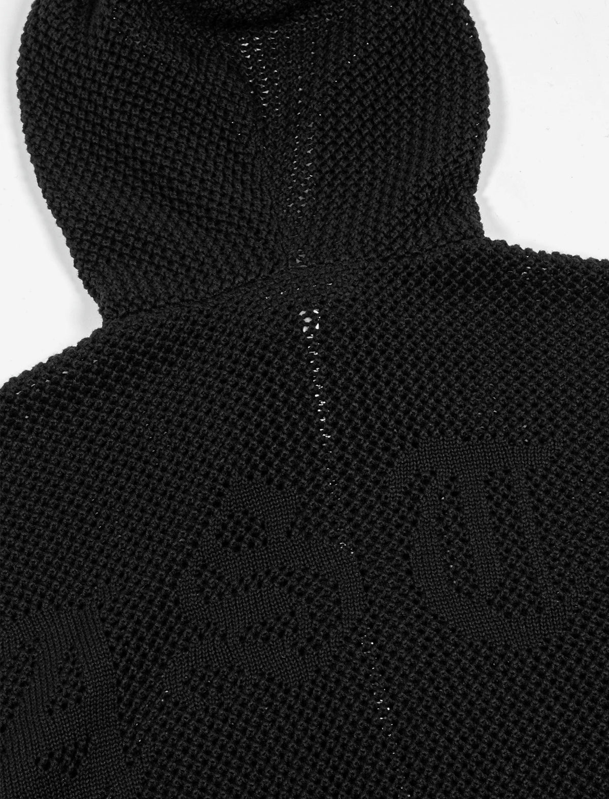 Close-up of a black knit hoodie with a zipper on a white background