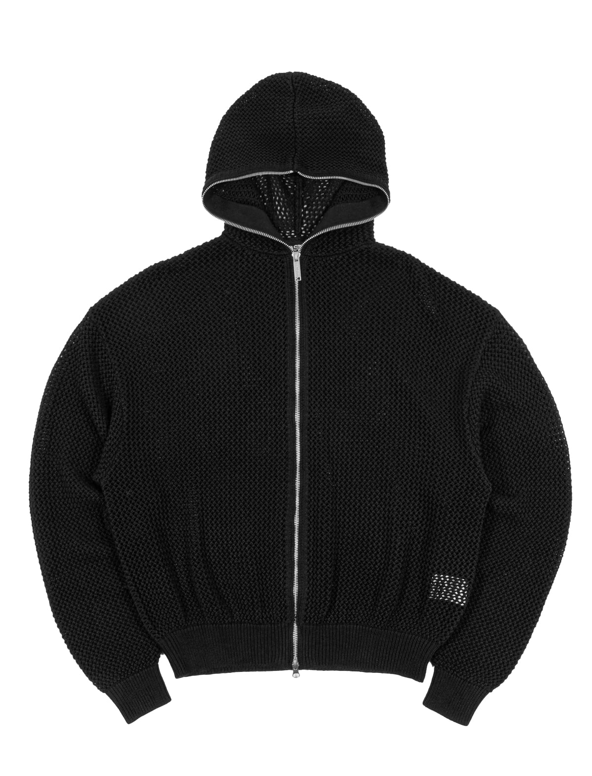 Black knit hoodie with a zipper on a white background