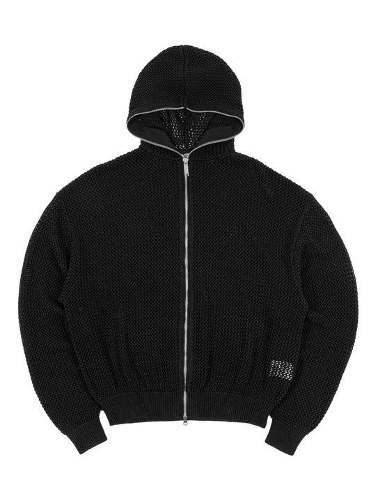 Black knit hoodie with a zipper on a white background