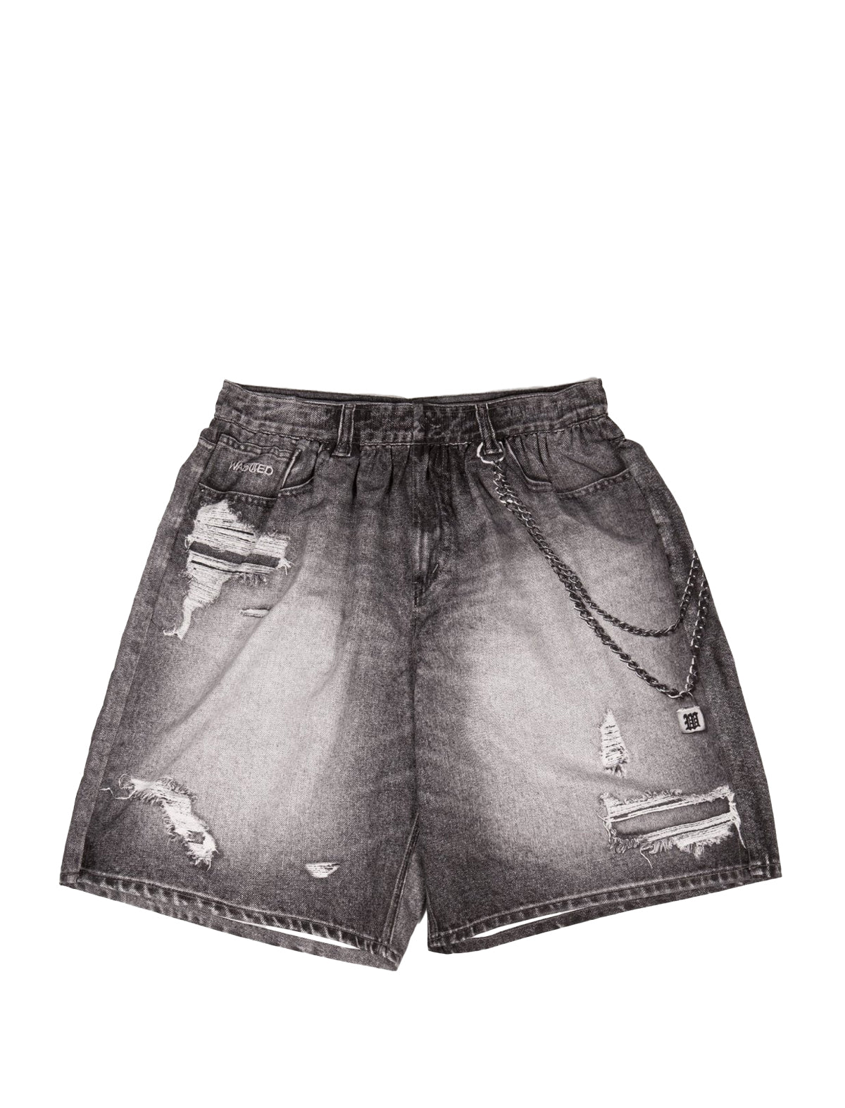 Black and white distressed denim shorts on a white background
