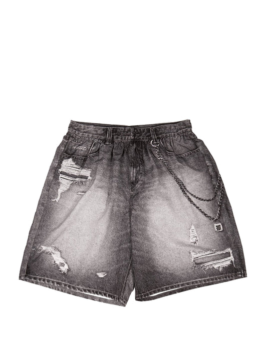 Black and white distressed denim shorts on a white background