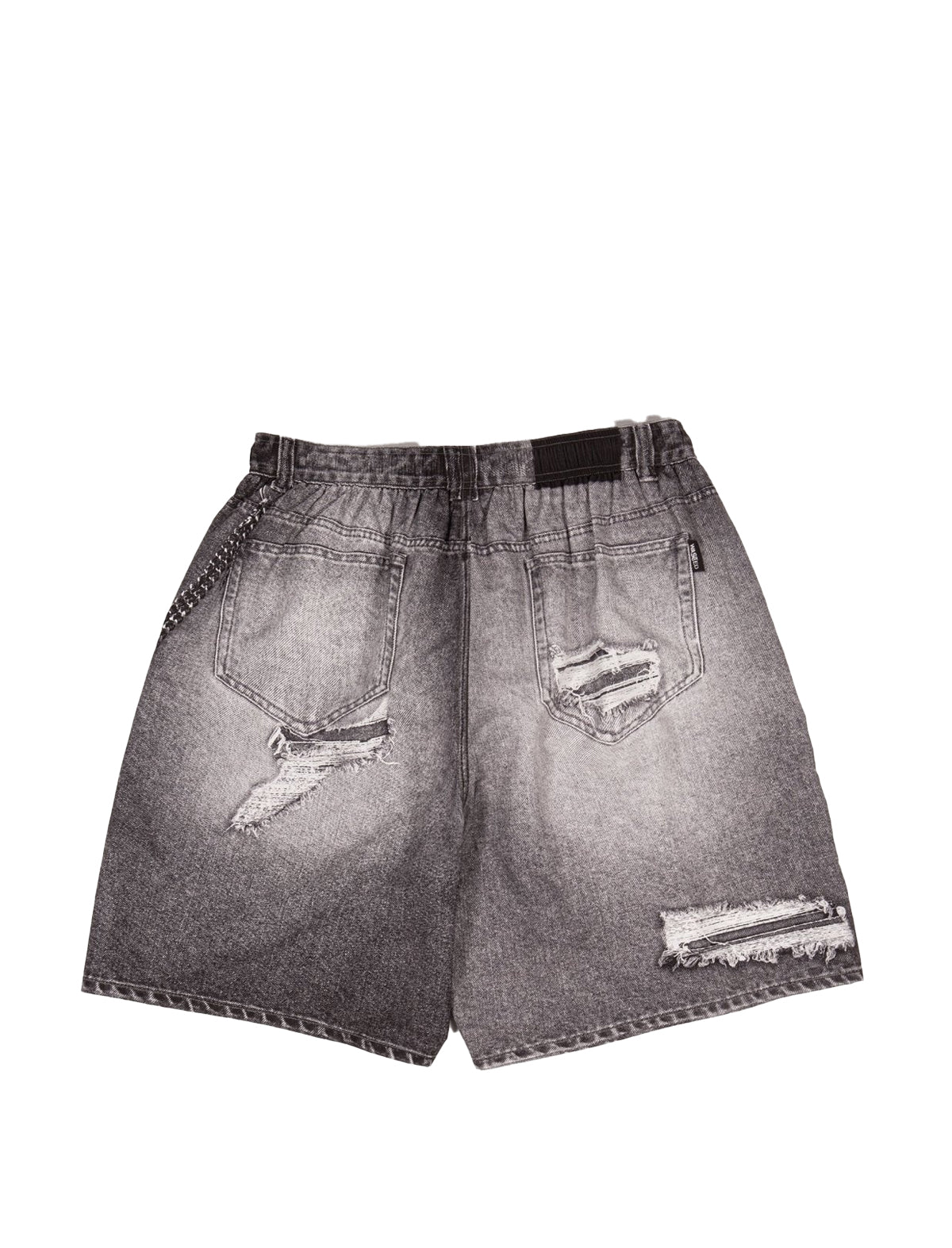 Distressed gray denim shorts on a white background
