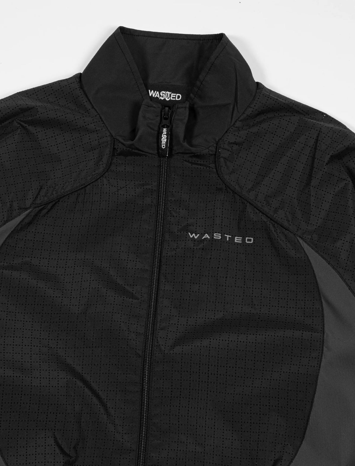 Black jacket with 'Wasted' branding on a white background