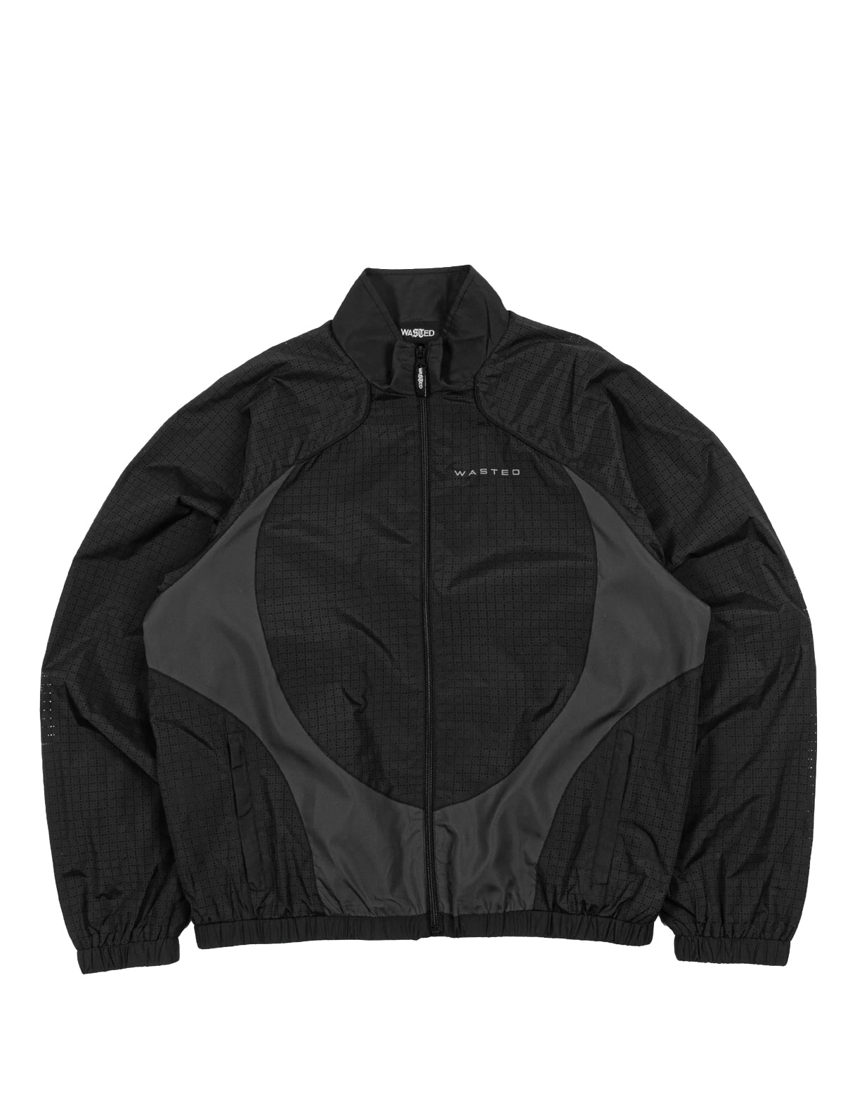 Black jacket with a geometric design on a white background