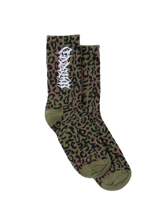 Leopard print socks with a brand logo on a white background