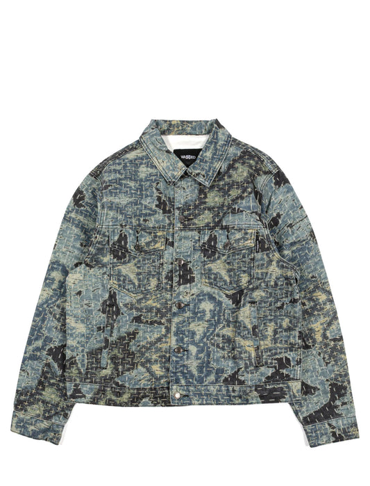 Wasted Paris Trompe L'Oeil Boro Trucker Jacket in Blue – front, flat lay