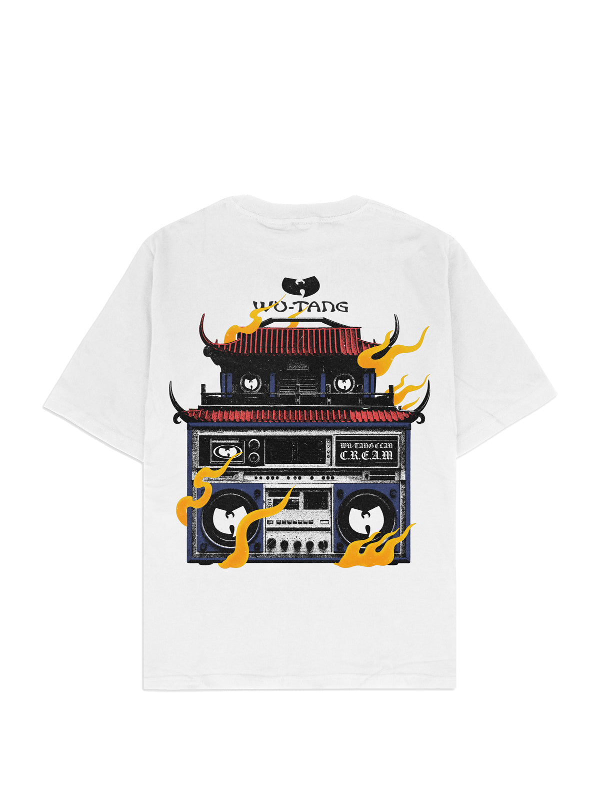 Wu-Tang Clan White t-shirt with a graphic design of a boombox and flames on a white background