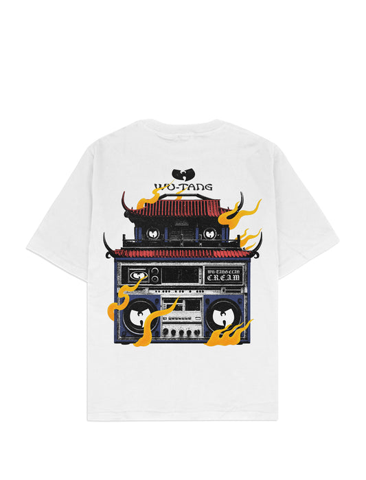 Wu-Tang Clan White t-shirt with a graphic design of a boombox and flames on a white background