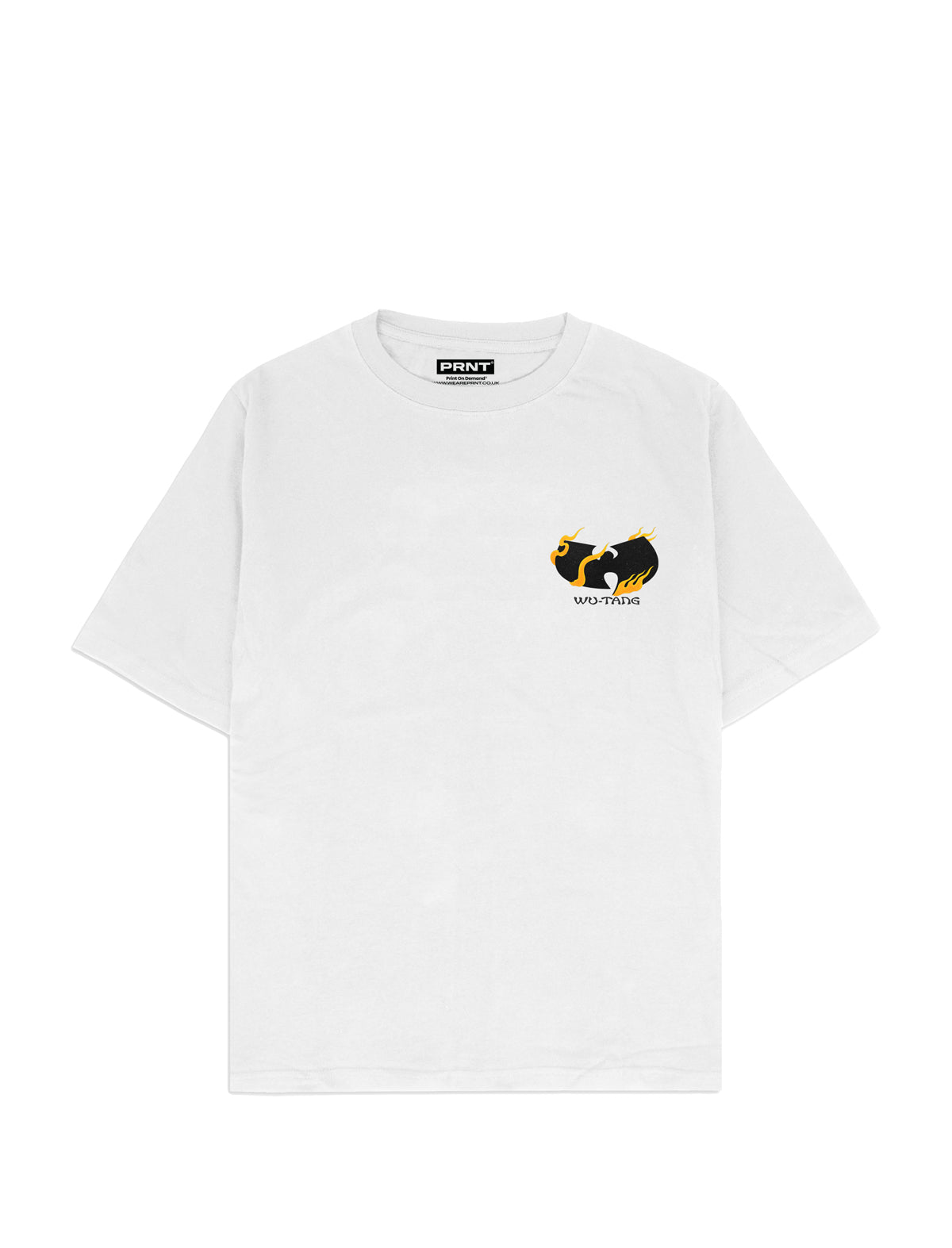 Wu-Tang Clan Boombox White t-shirt with a small black and yellow graphic on a white background
