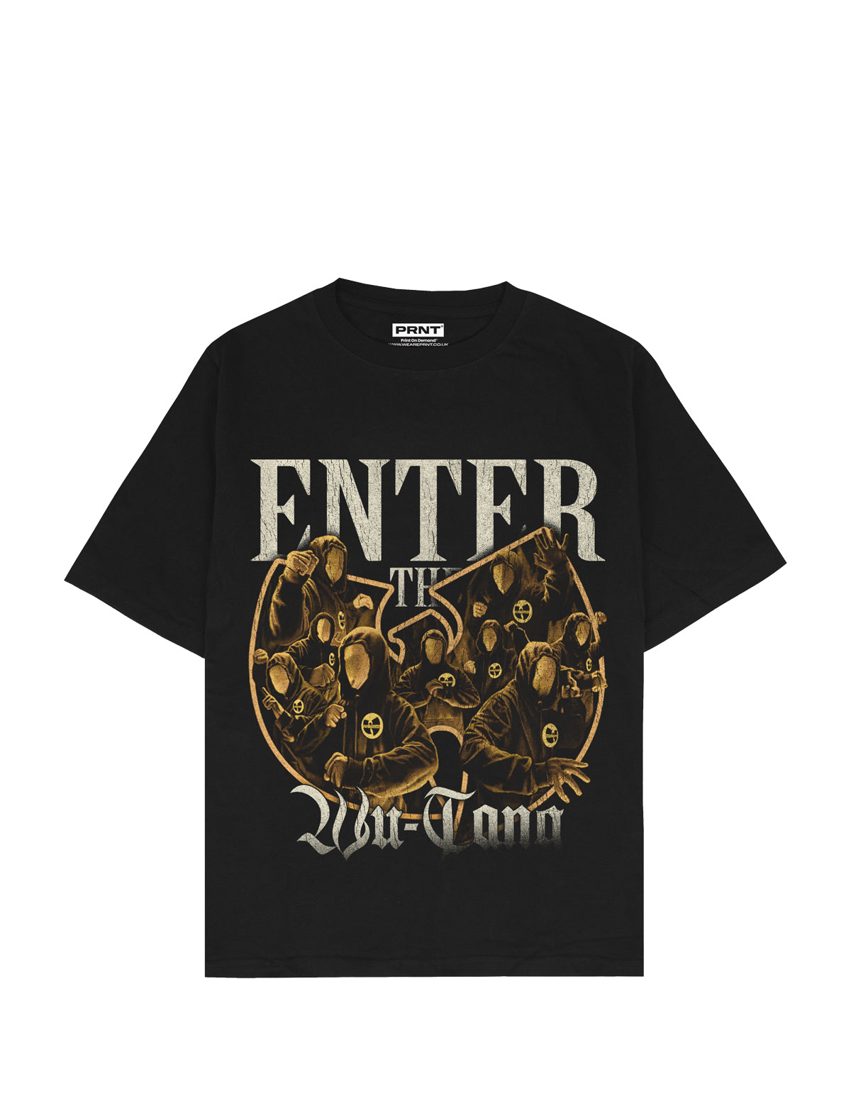 Wu-Tang Clan Black t-shirt with gold graphic and text 'Enter the Wu-Tang' on a white background