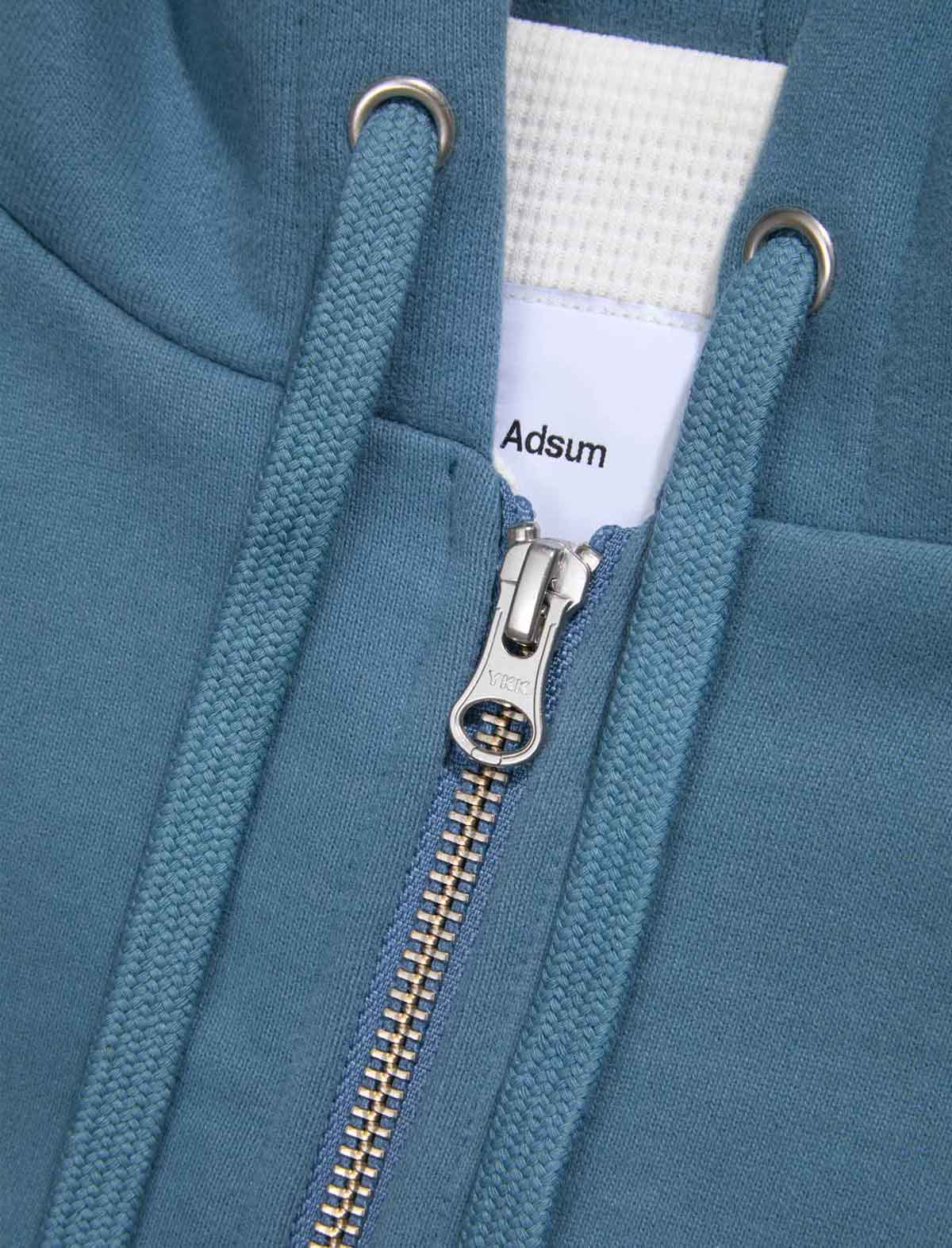 Adsum Waffle Full Zip Hoodie Blue Close up zip detail