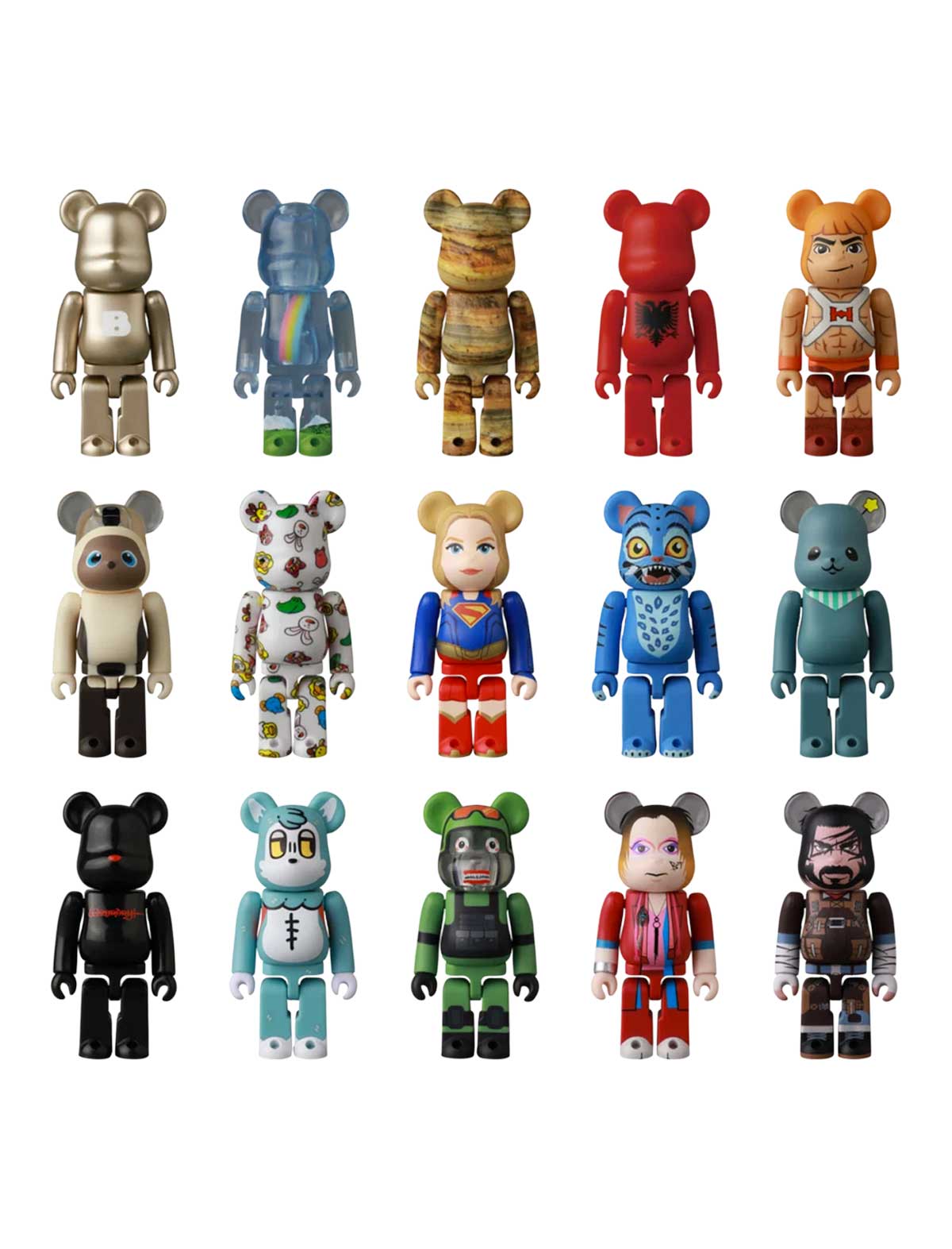 A collection of 15 Bearbrick-style collectible figures arranged in a 3-by-5 grid on a plain white background. Each figure has a different colorway and character design, including metallic gold, blue, camouflage, red, tan, beige, green, black, and various illustrated outfits and faces.