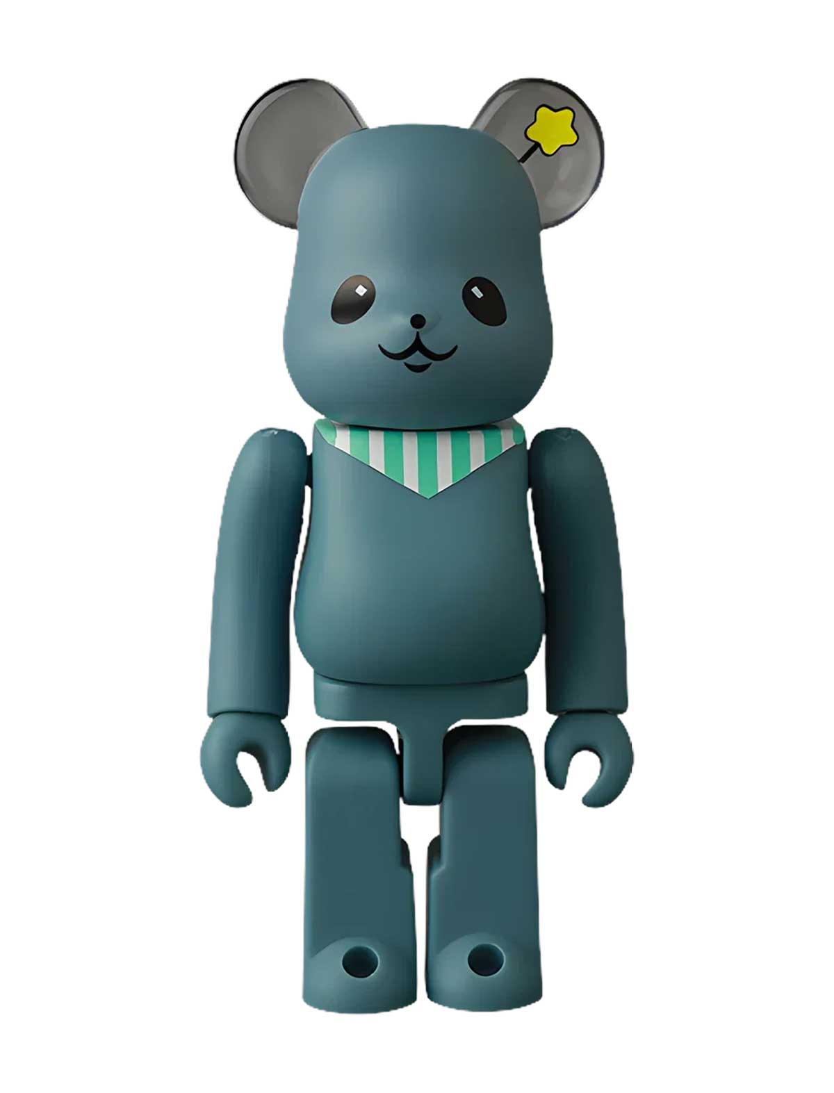 A stylized bear-shaped collectible figure in muted blue-green, with gray ears, a small yellow star on one ear, a mint-and-white striped necktie, and a simple black face on a plain white background.