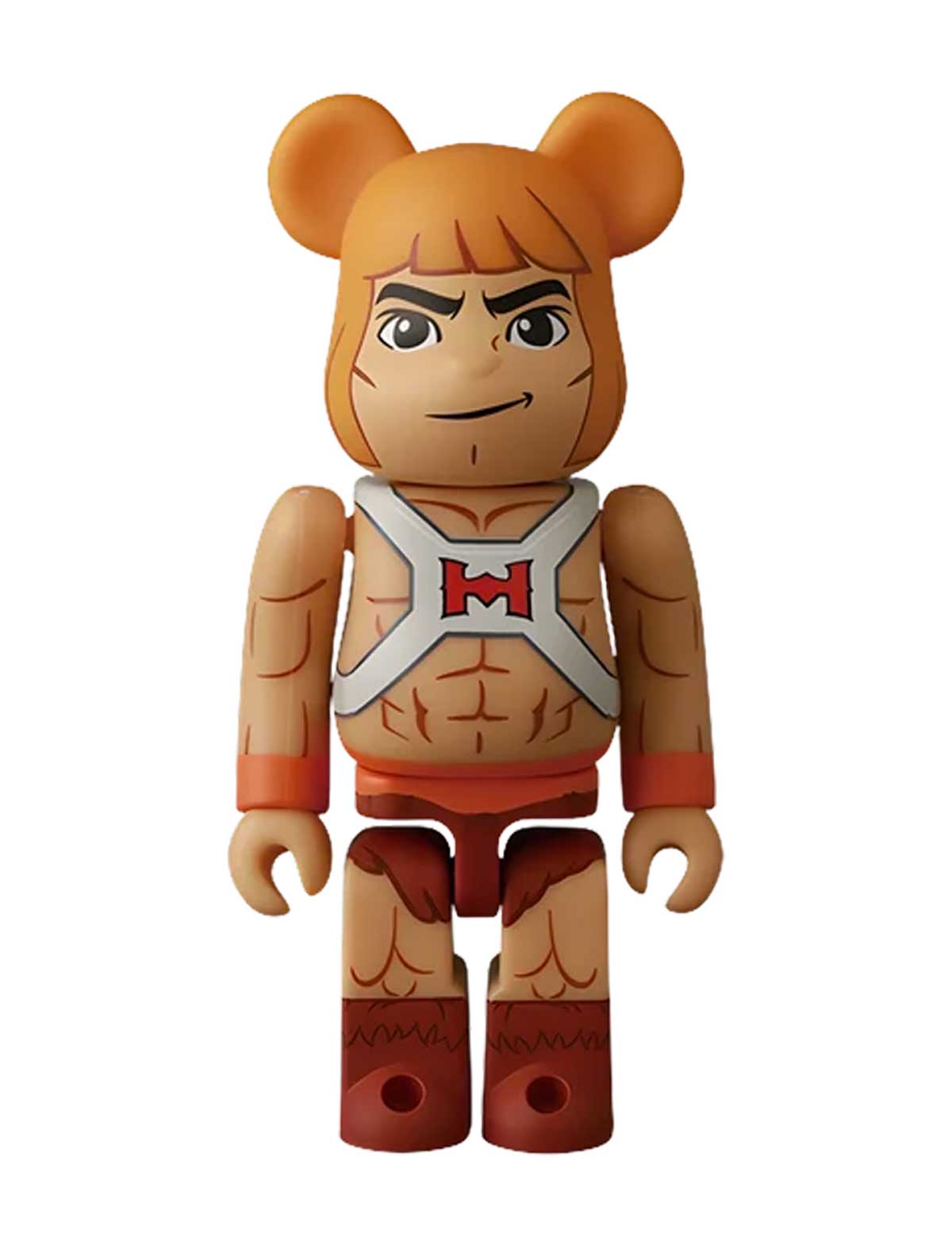 A stylized collectible bear figure with tan skin, orange hair, and a muscular torso, wearing a white harness with a red 'M' emblem and orange shorts, centered on a plain white background.