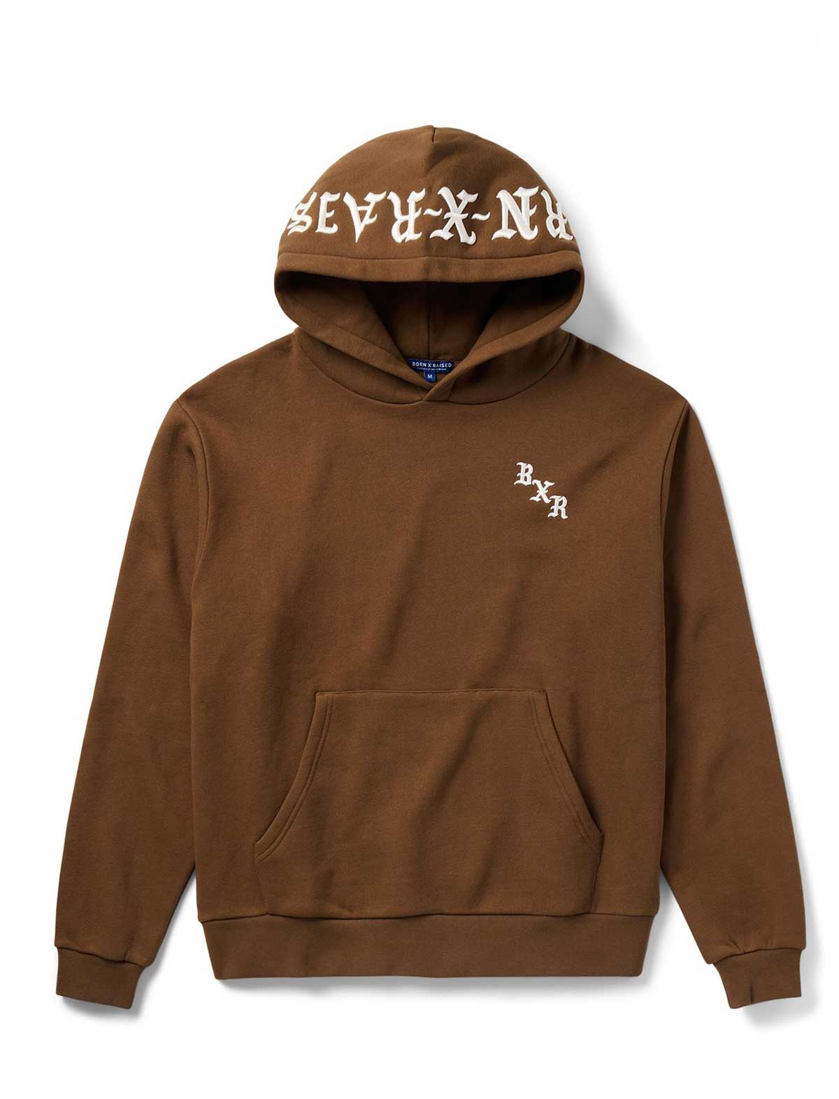 Brown hoodie with branding on a white background