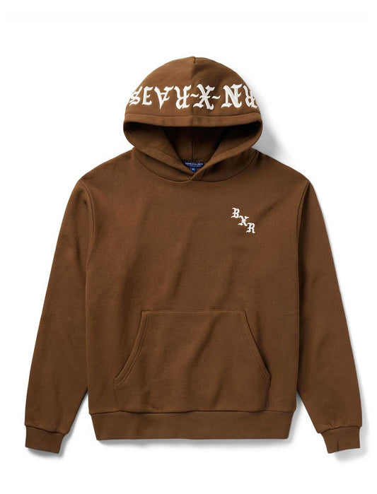 Brown hoodie with branding on a white background