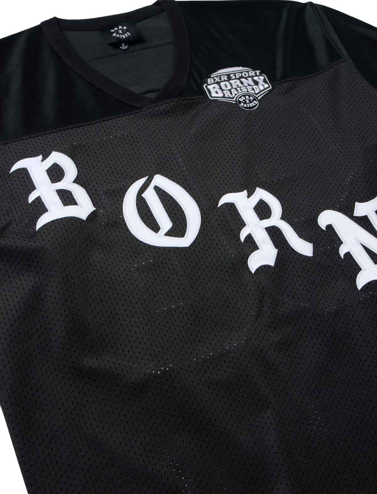 Born X Raised Paranoia Football Jersey in Black – 'Born' appliqué detail, front