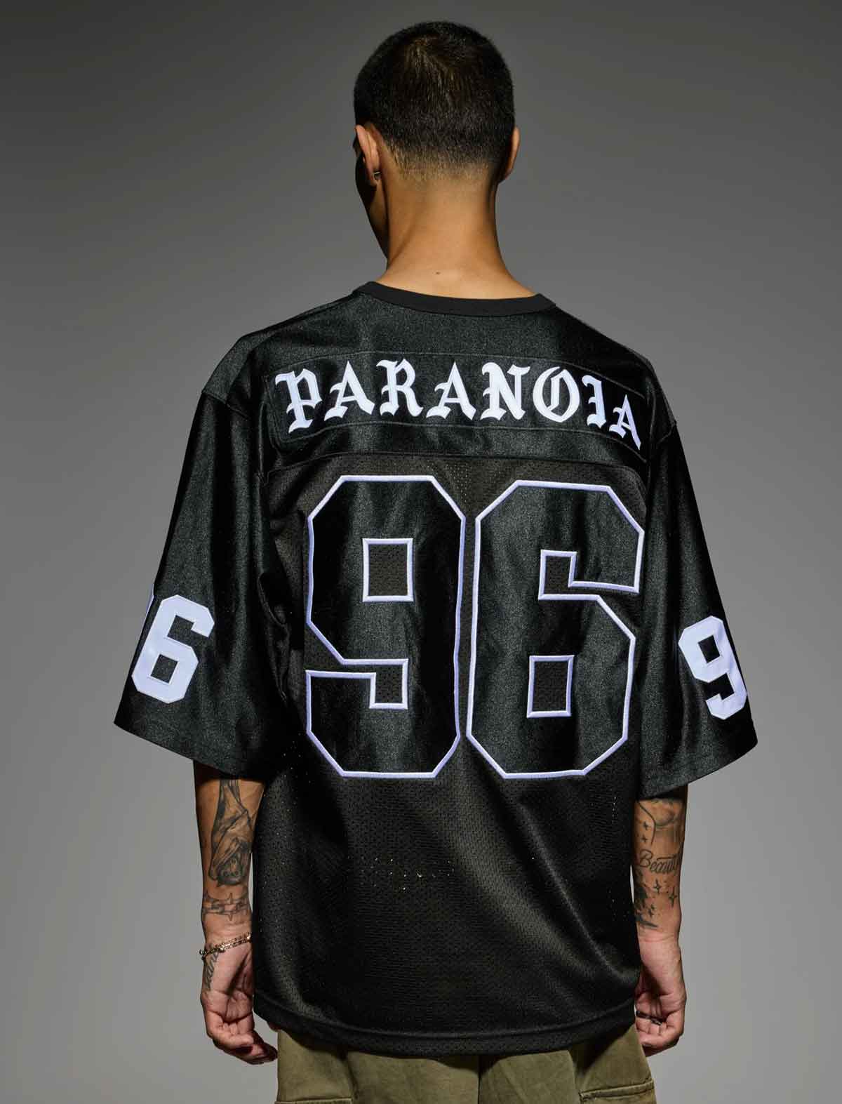 Born X Raised Paranoia Football Jersey in Black – back detail, worn