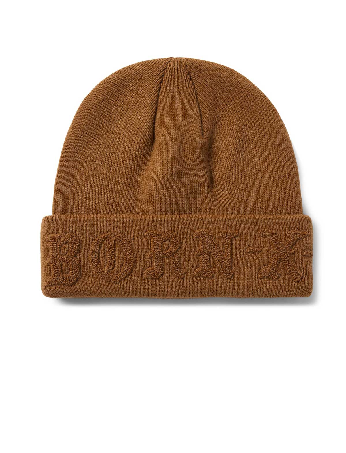 Brown knit beanie with 'BORN-X-RAISED' embroidery on a white background