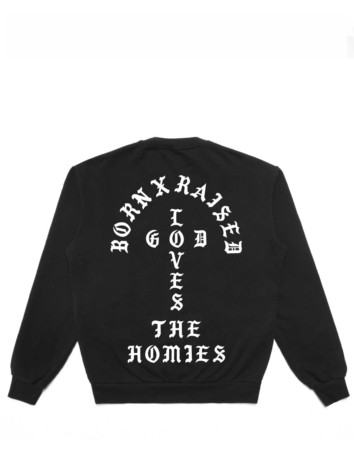 Black sweatshirt with white text on a white background