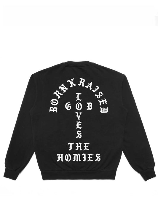 Black sweatshirt with white text on a white background