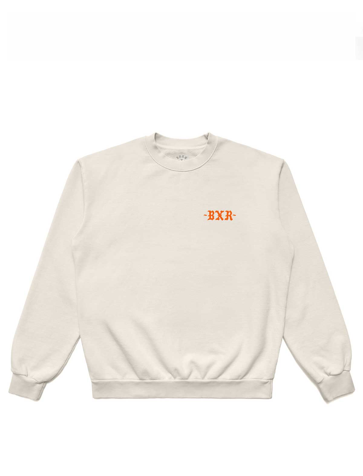 Beige sweatshirt with 'EXA' logo on a white background