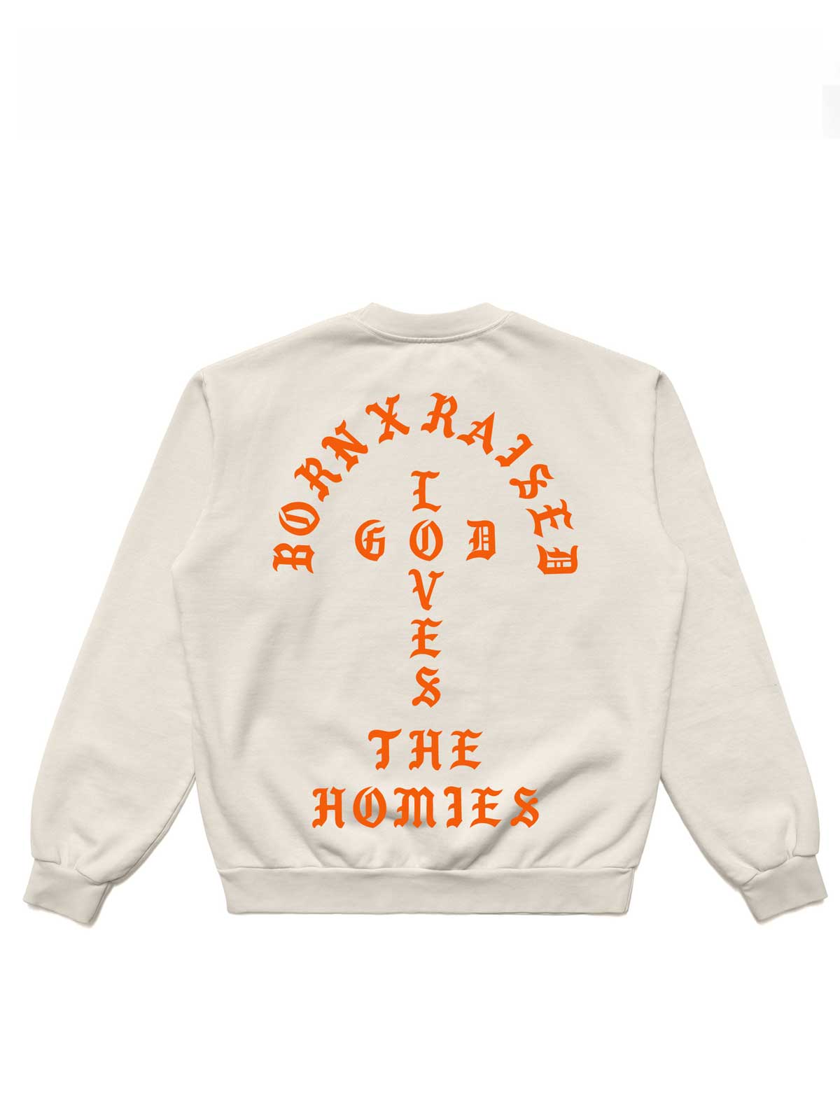 Beige sweatshirt with orange text on a white background