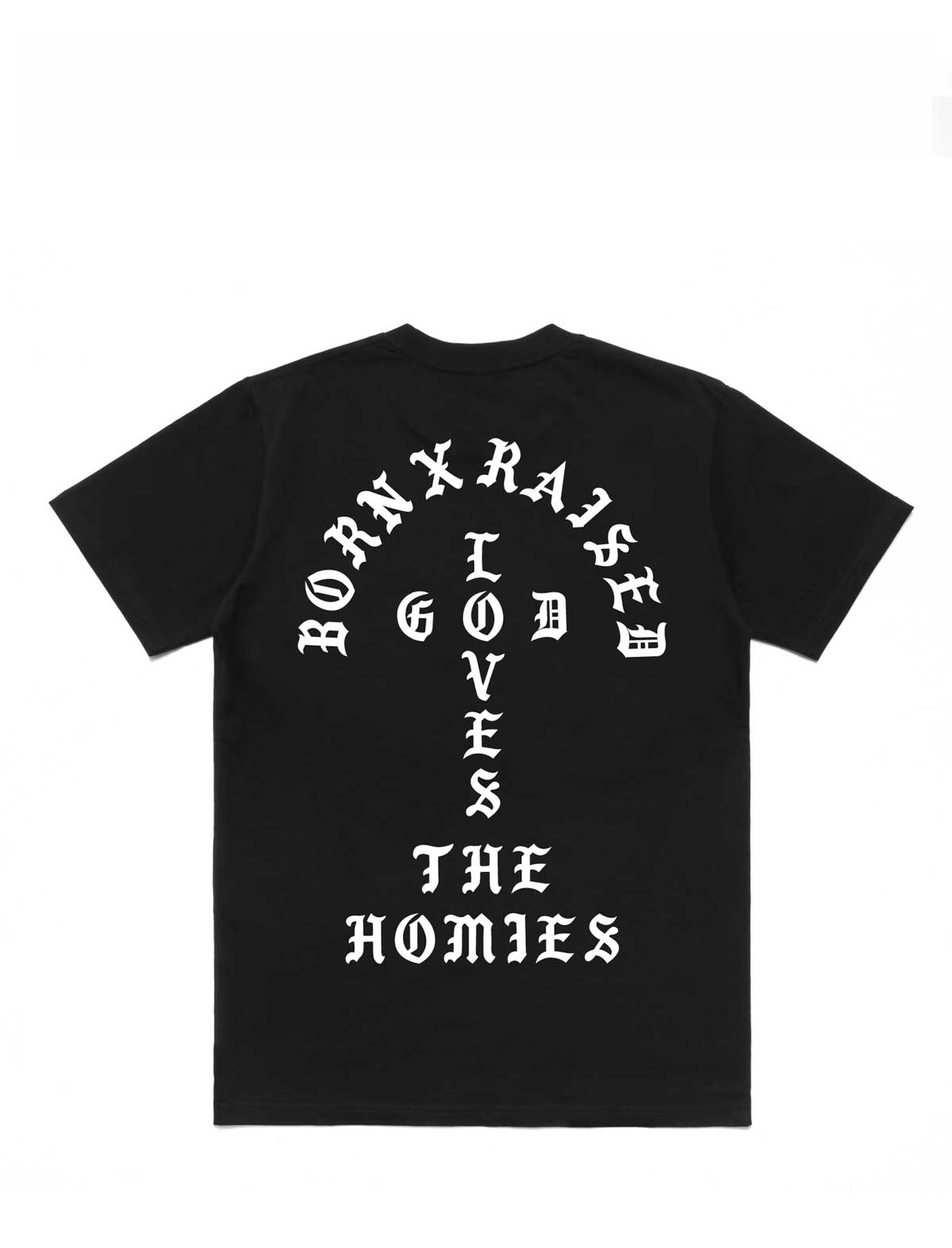 Black t-shirt with white text on a white background