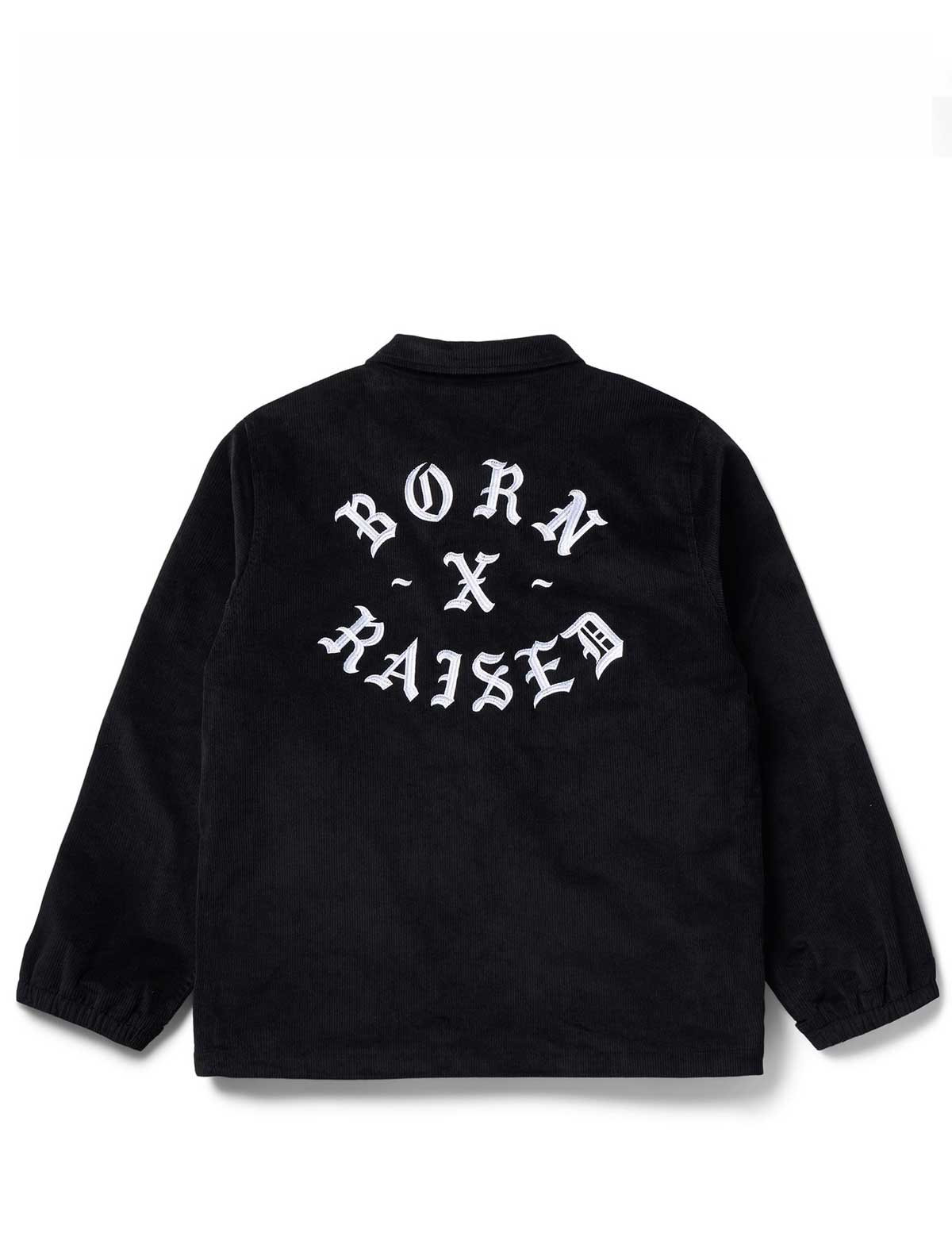 Black jacket with 'BORN X RAISED' text on the back against a white background