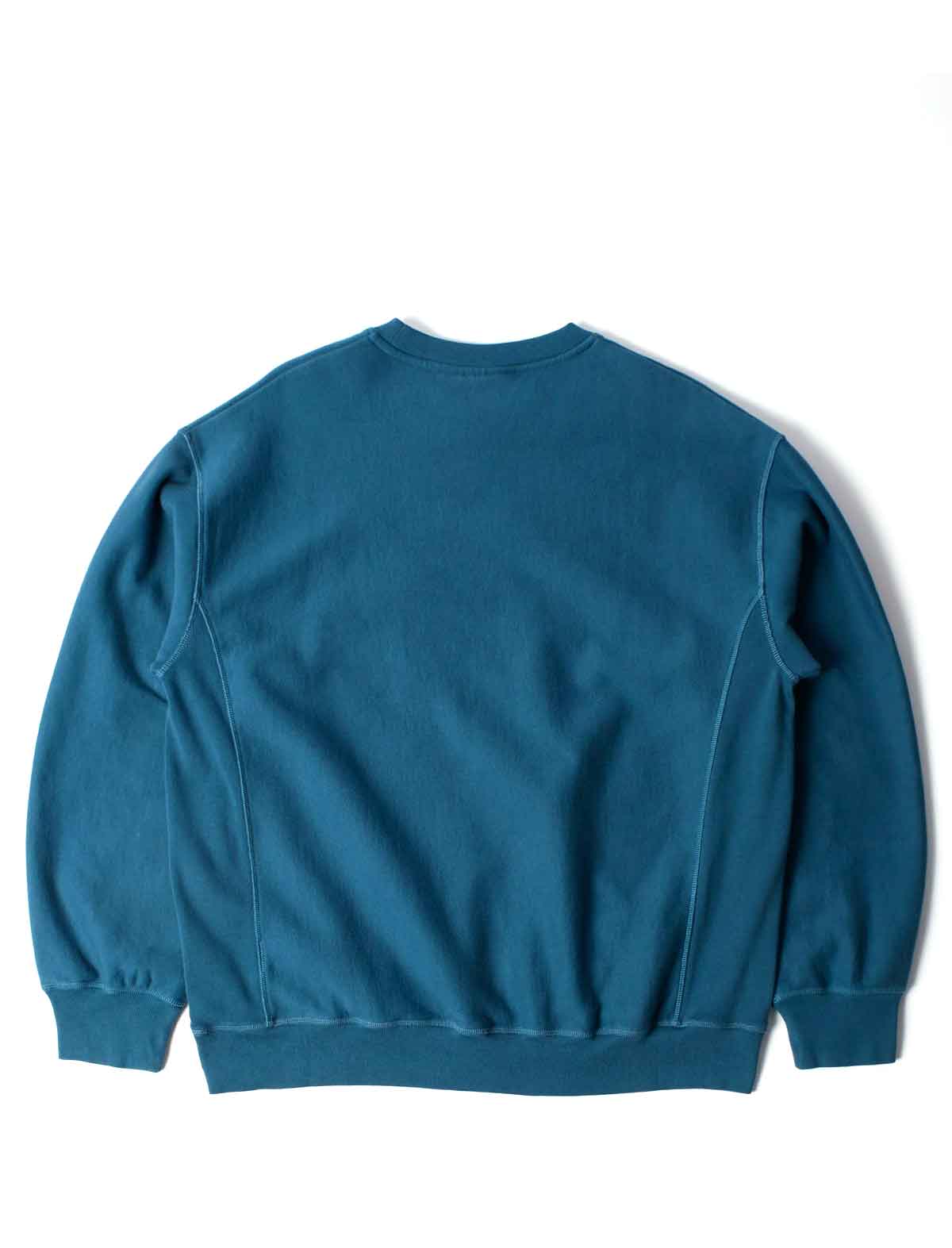 A teal blue crewneck sweatshirt shown from the back, laid flat against a clean white background.