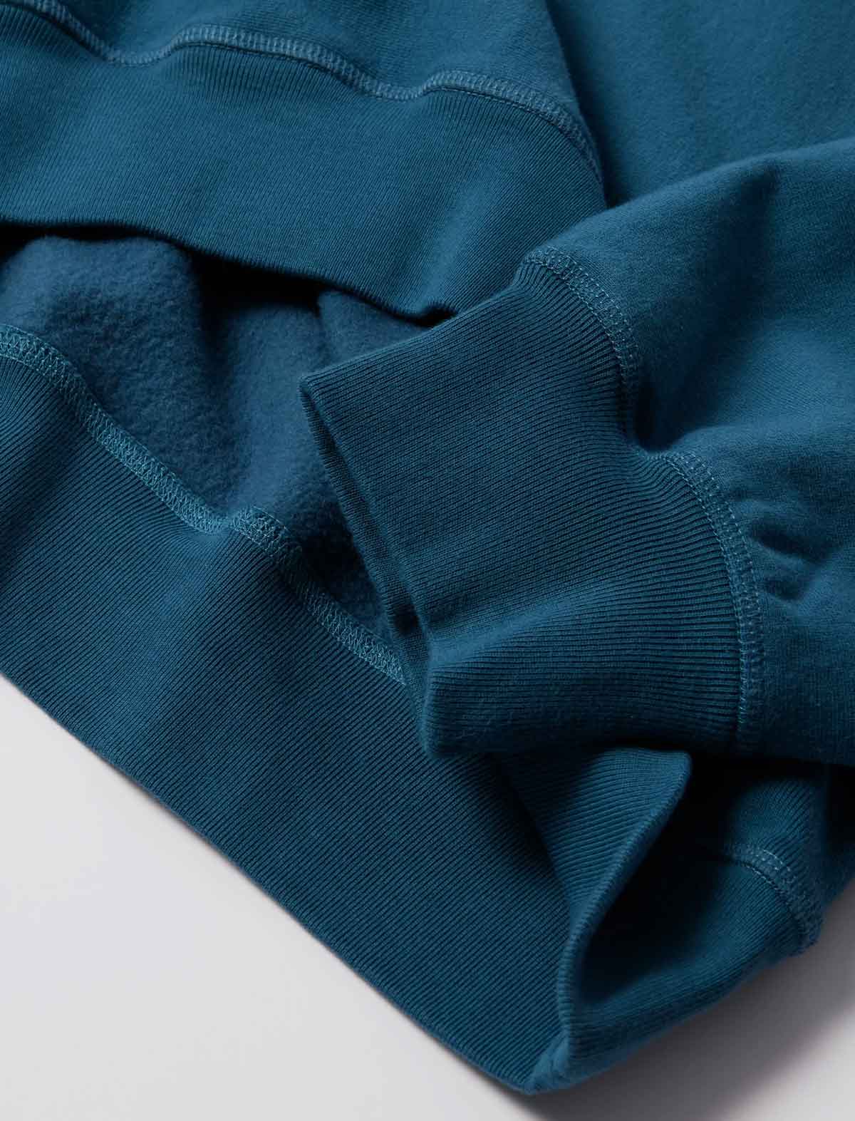 A close-up of a dark teal blue ribbed knit fabric, showing the texture and cuff details of a garment.
