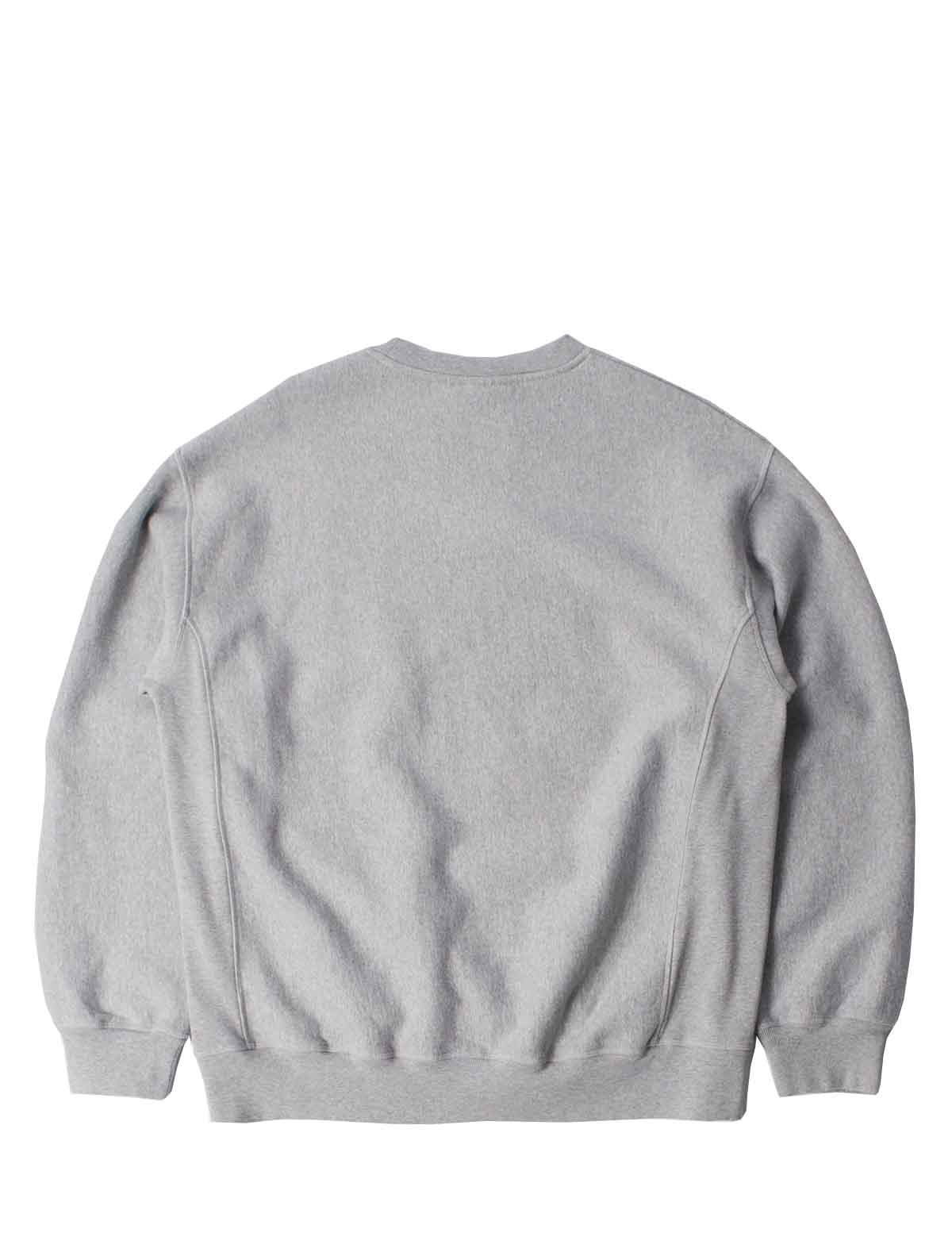 A light gray heather crewneck sweatshirt shown from the back, featuring ribbed cuffs and hem, photographed against a solid white background.