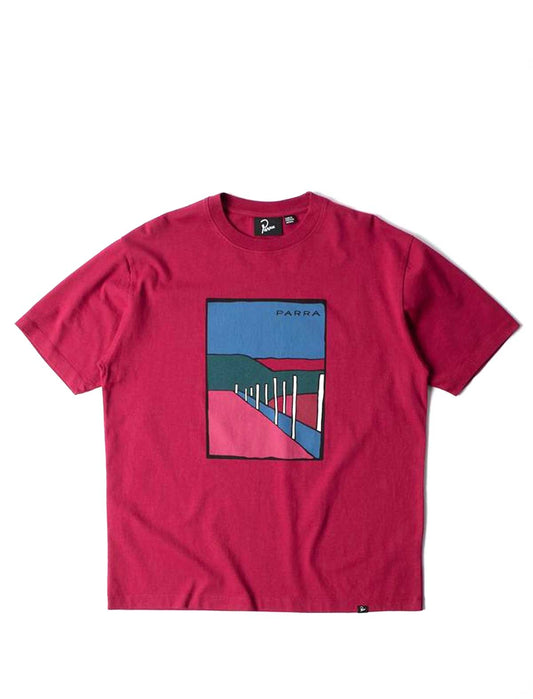 By PArra Beach Parking Red t-shirt with a colorful graphic on a white background