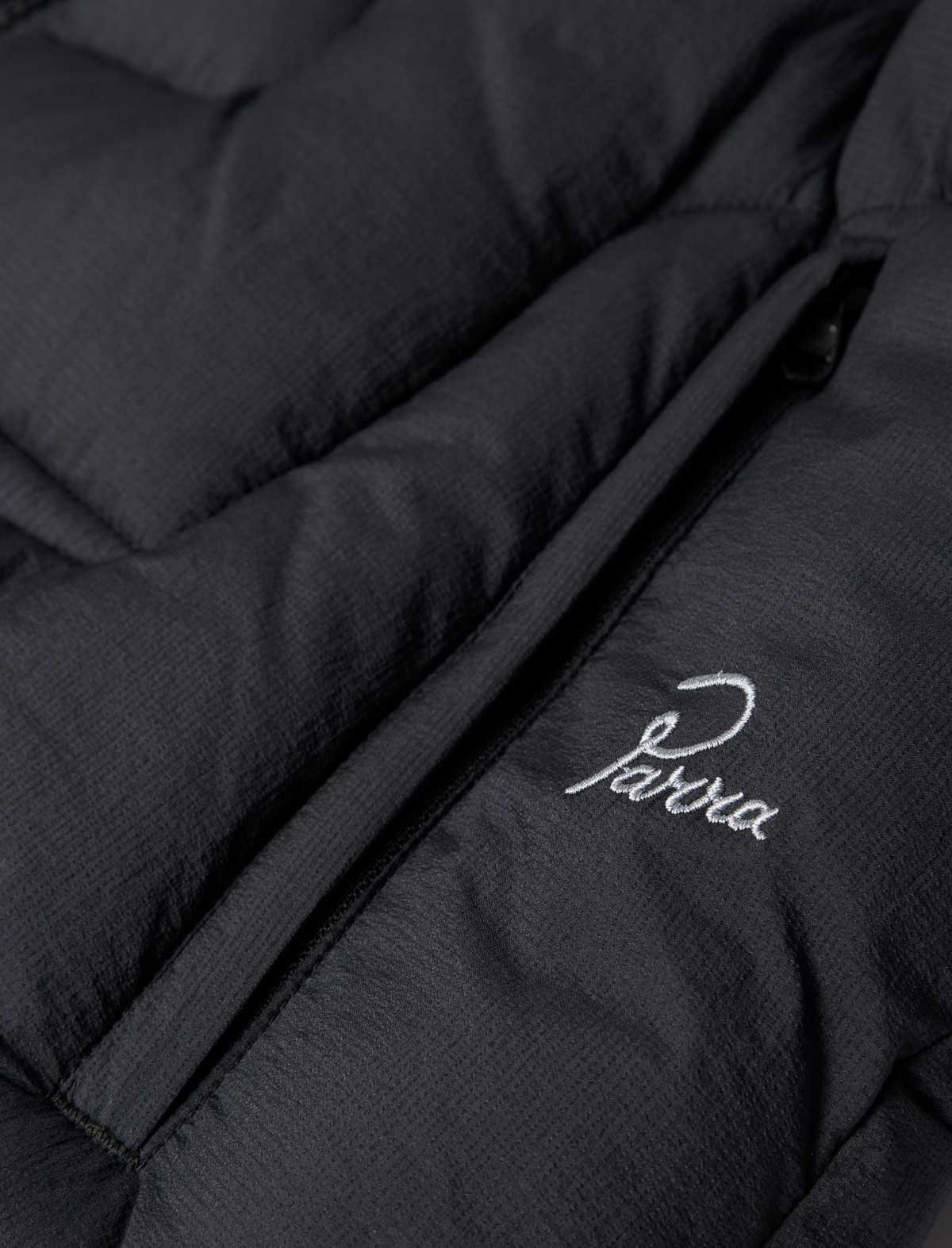 By Parra Boring Village Puffer Jacket Black pocket detail embroidery