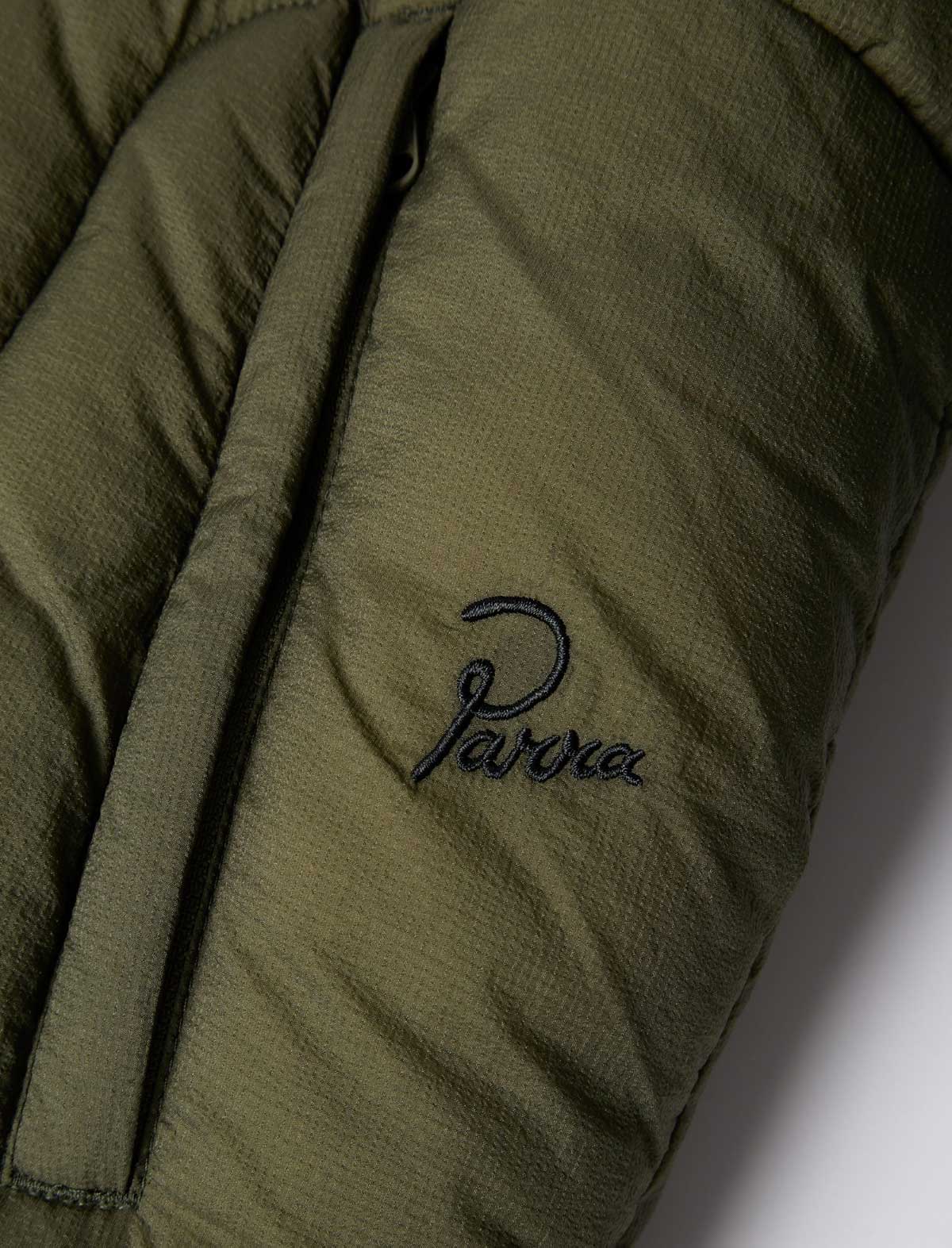 By Parra Boring Village Puffer Jacket Green embroidery detail