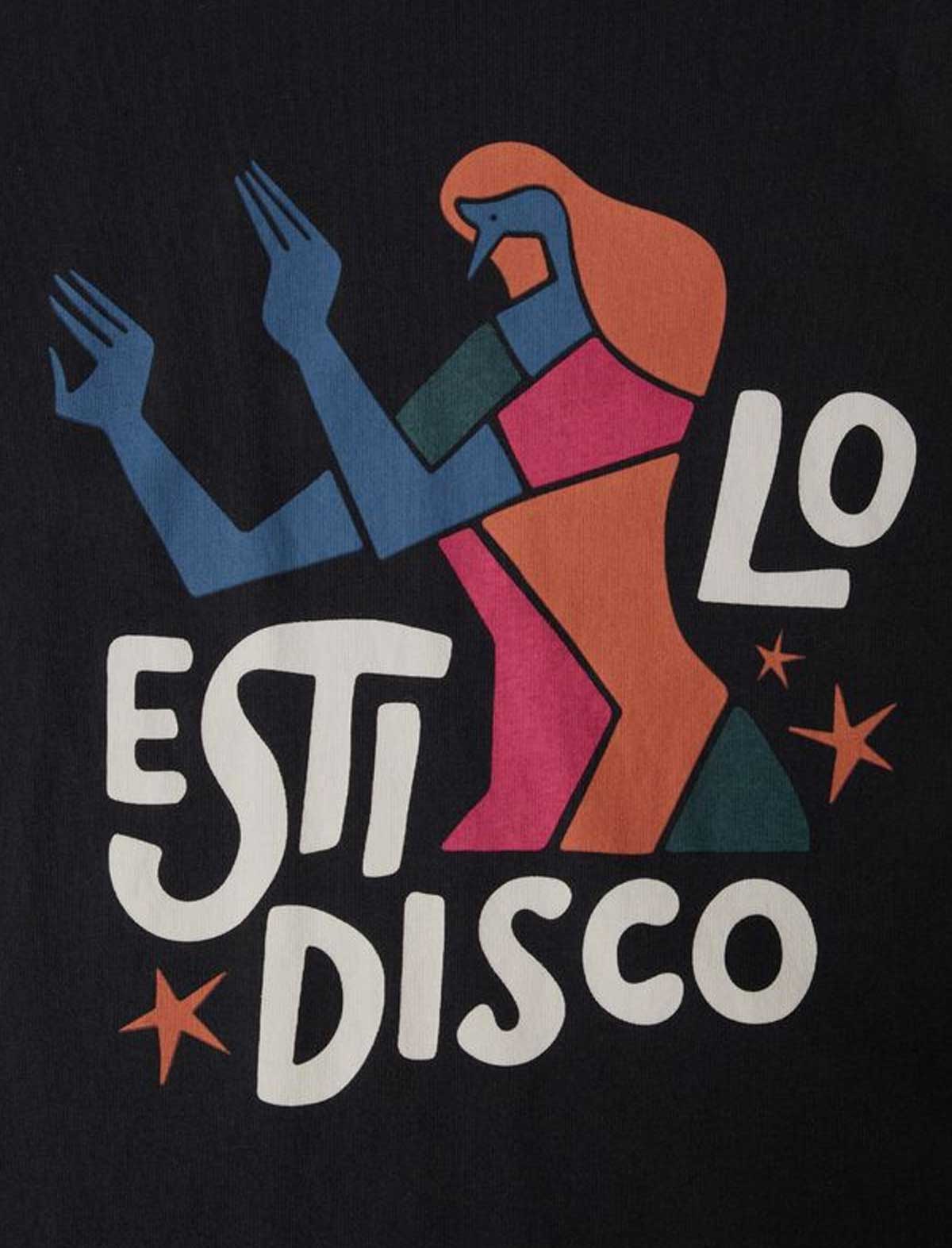 Colorful graphic design with abstract figures and 'Lo Esti Disco' text on a black background by By Parra