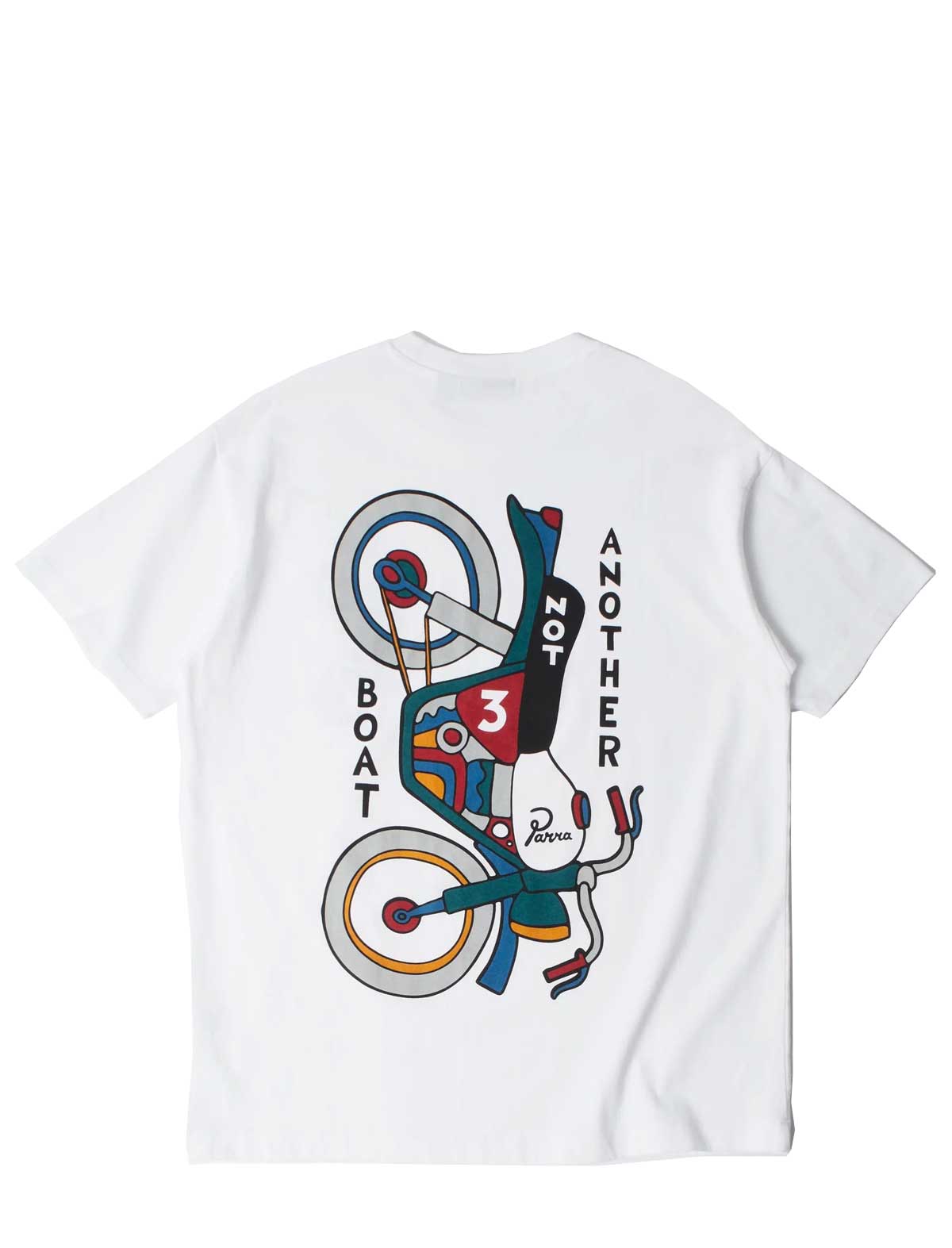 White short-sleeve t-shirt with a colorful graphic of a stylized bicycle and the text 'ANOTHER BOAT' printed on the back.