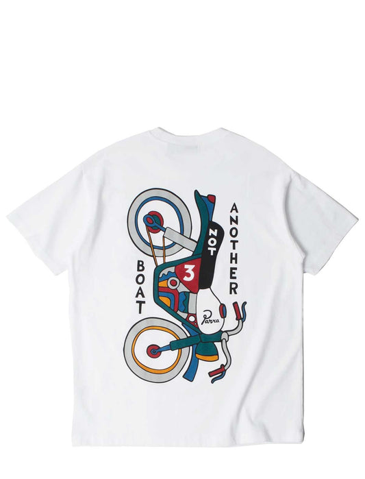 White short-sleeve t-shirt with a colorful graphic of a stylized bicycle and the text 'ANOTHER BOAT' printed on the back.