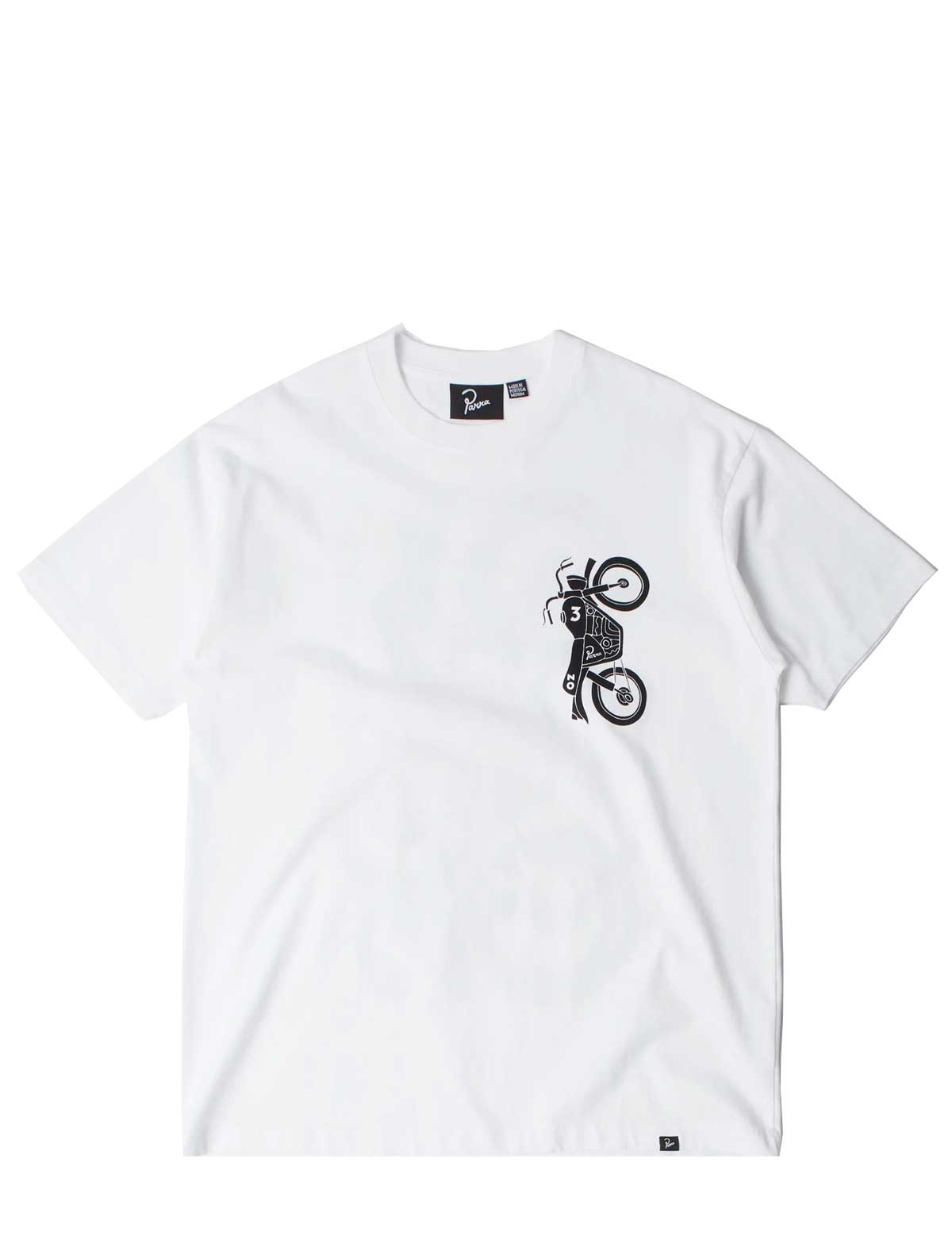 A white short-sleeve crewneck t-shirt featuring a black graphic print of a motorcycle performing a wheelie on the left chest, displayed flat against a white background.