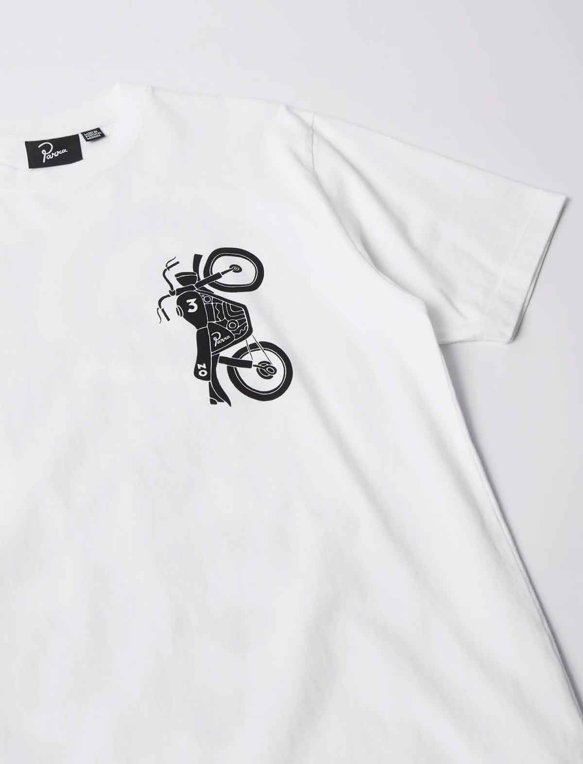 A white short-sleeve crewneck t-shirt featuring a black graphic print of a motorcycle on the left chest, displayed on a light gray background.